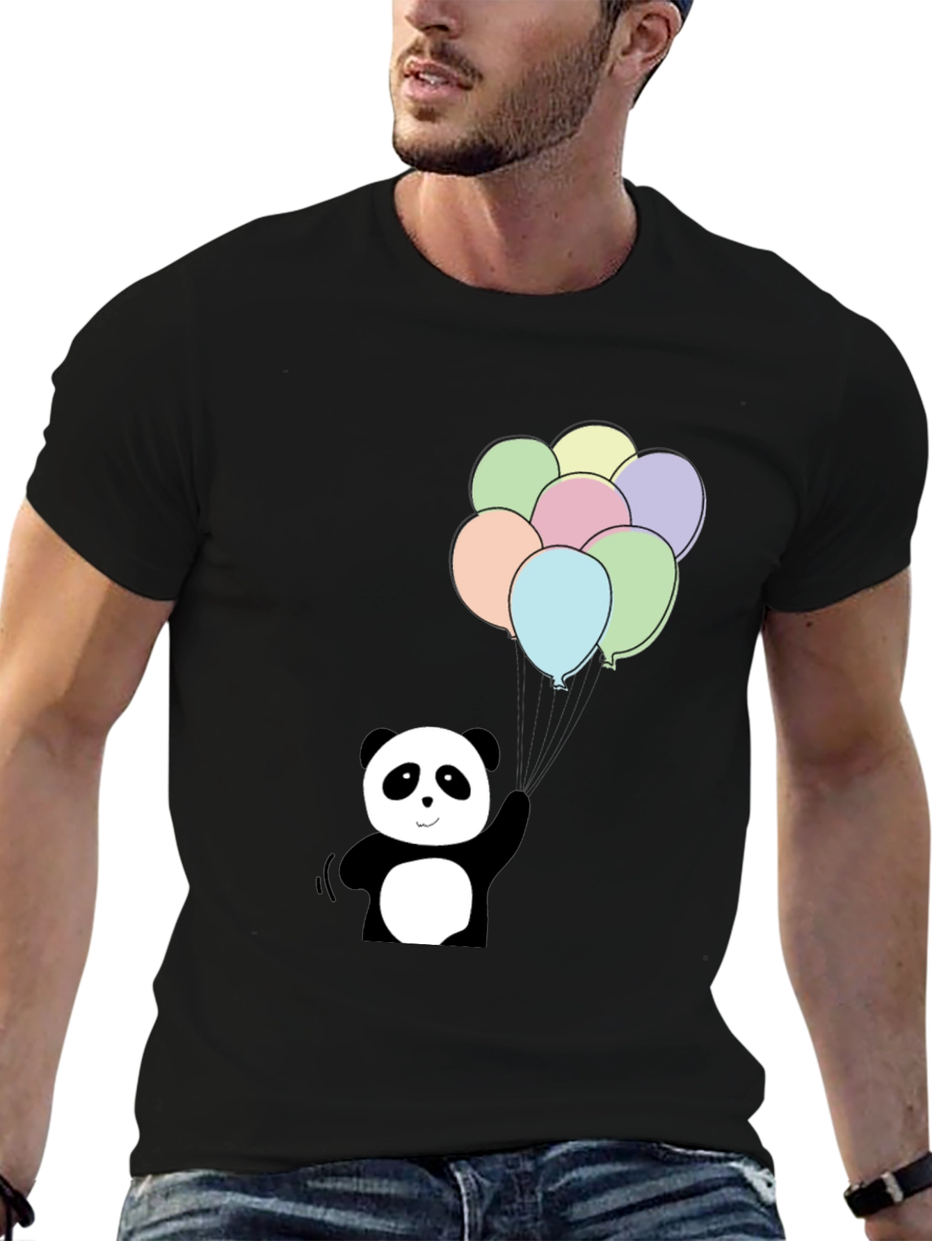 Panda Bear Balloons Graphic Tee - Black Cotton Blend