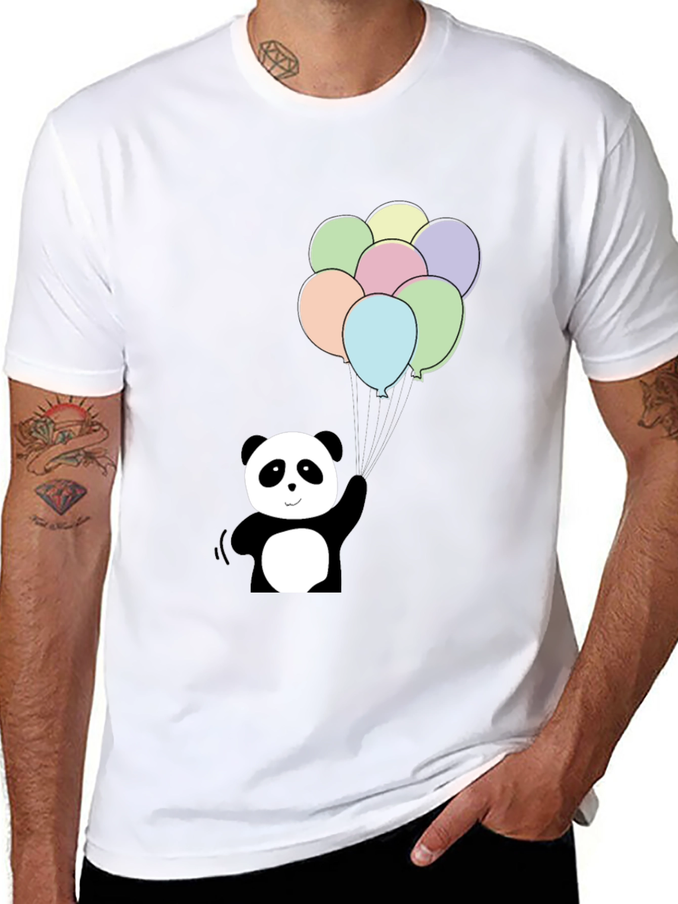 Panda Bear Balloons Graphic Tee - Black Cotton Blend