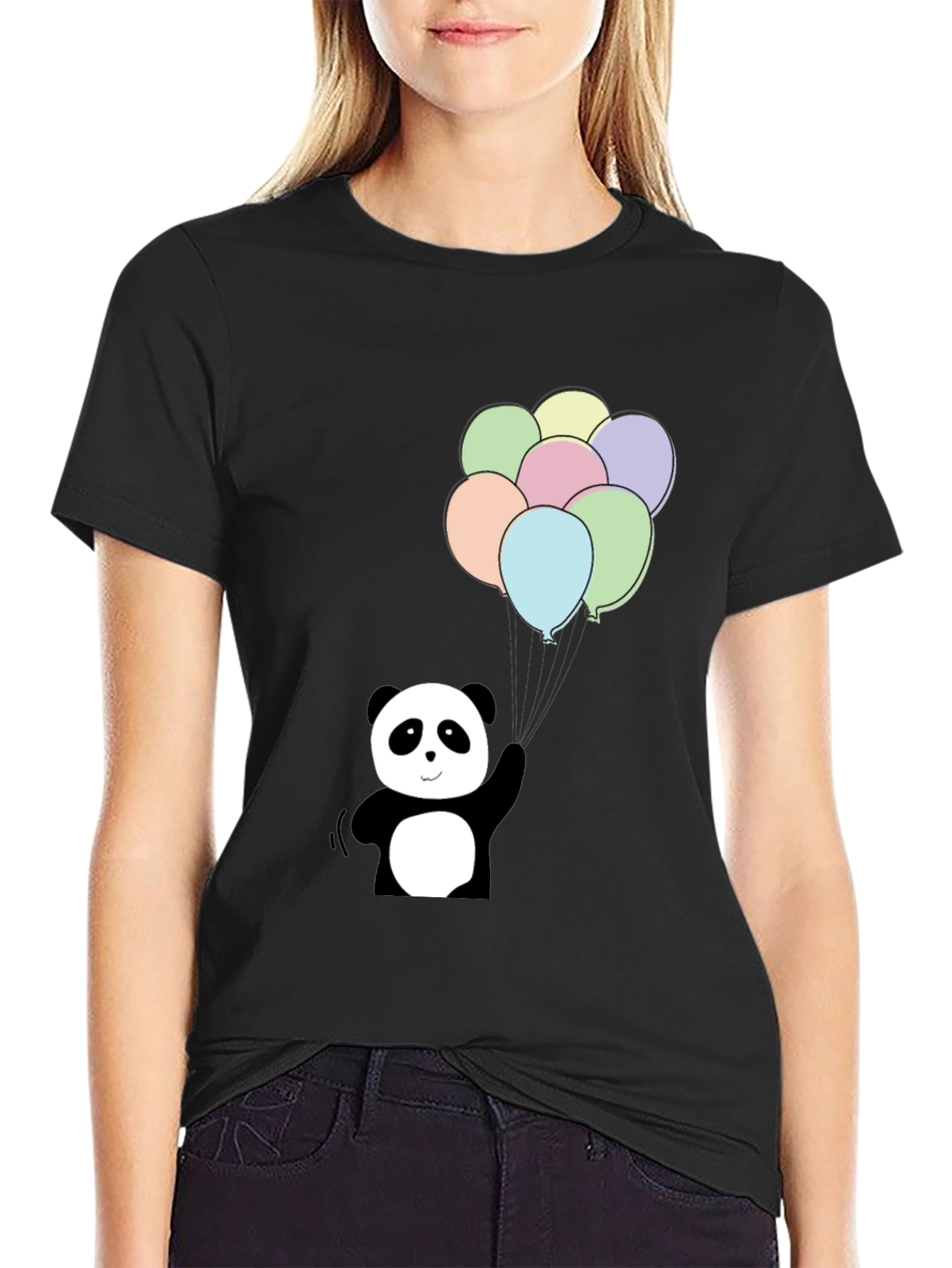 Panda Bear Balloons Graphic Tee - Black Cotton Blend