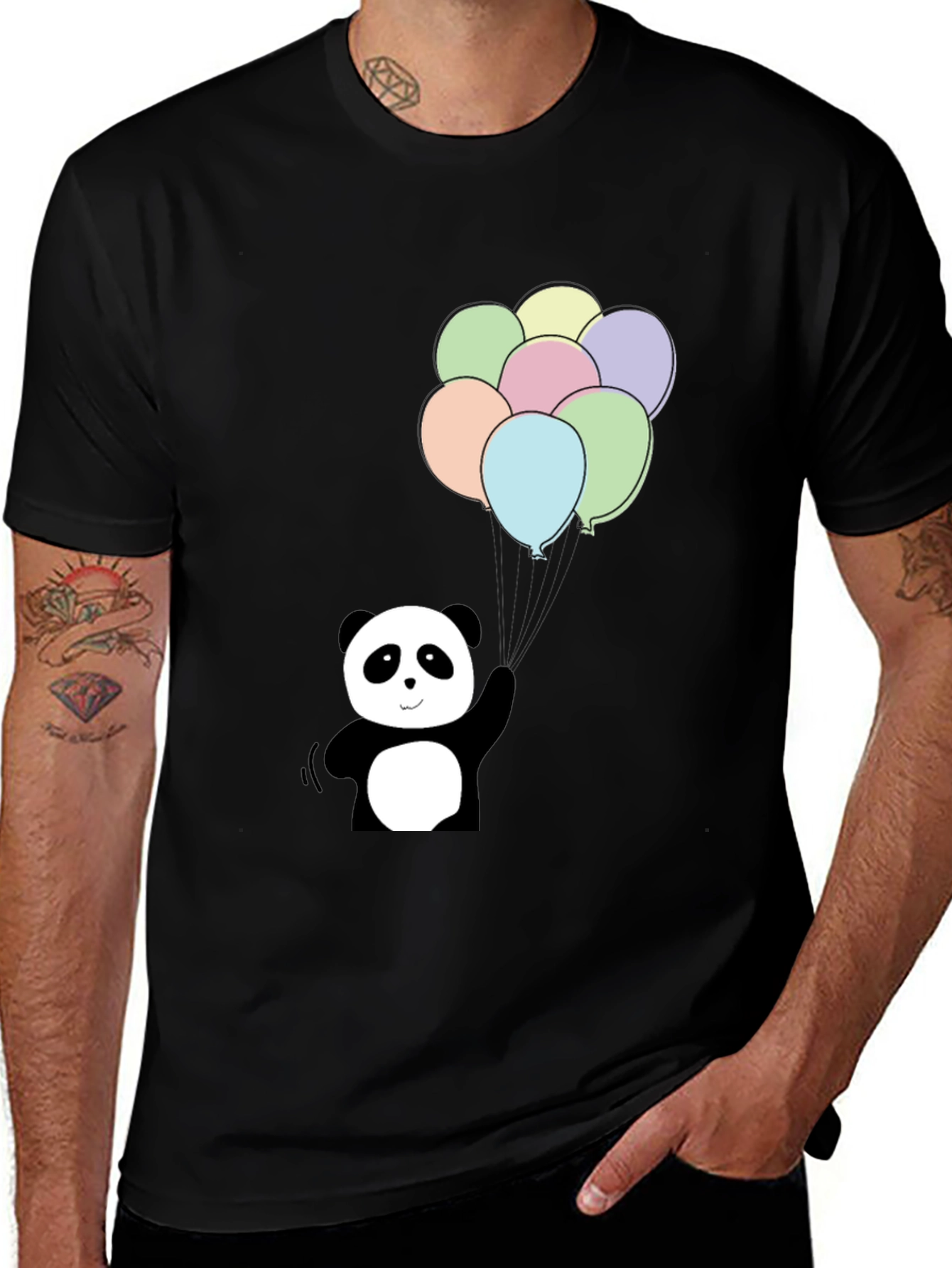Panda Bear Balloons Graphic Tee - Black Cotton Blend