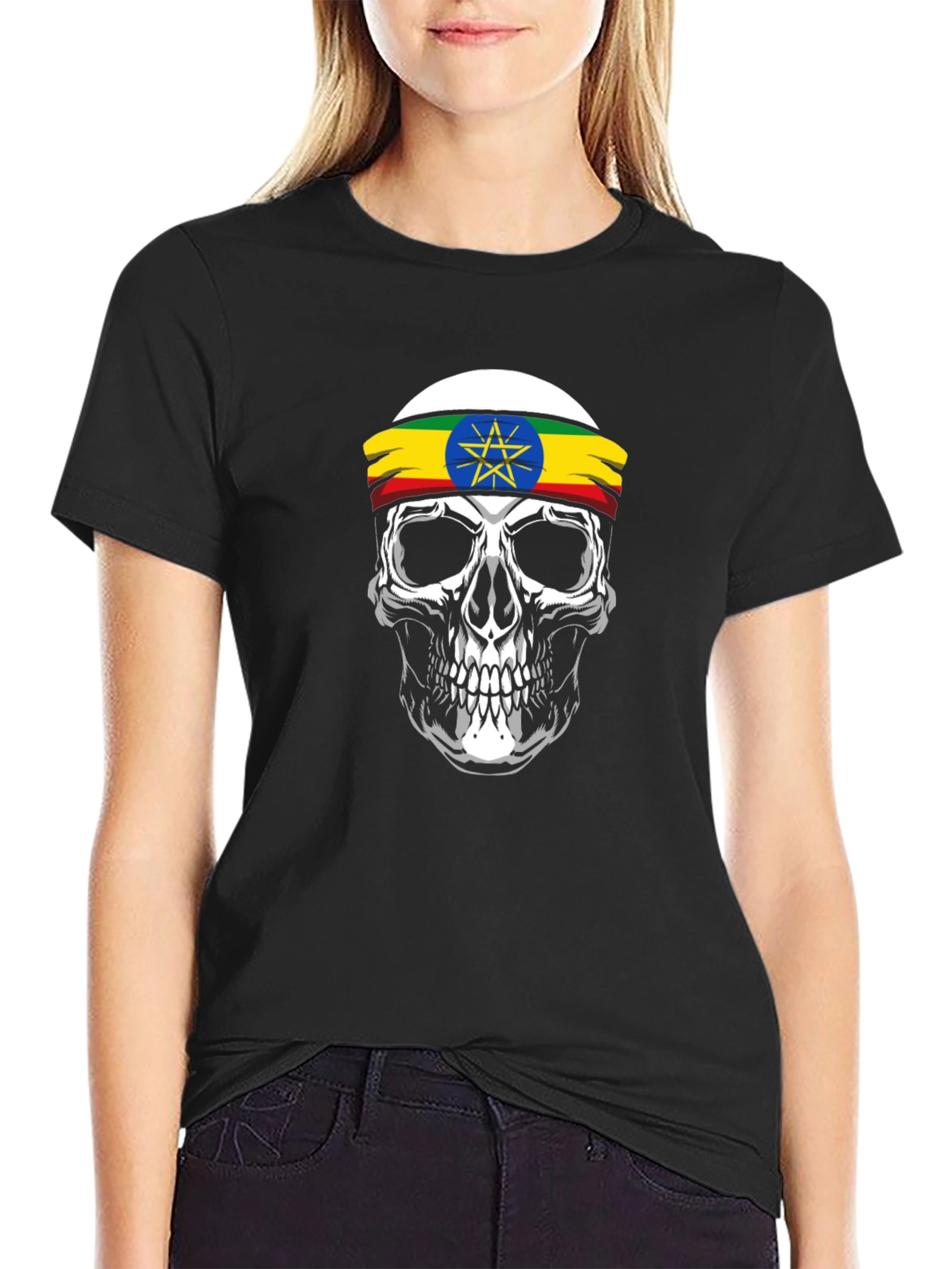 Ethiopian Flag Skull Graphic T-Shirt