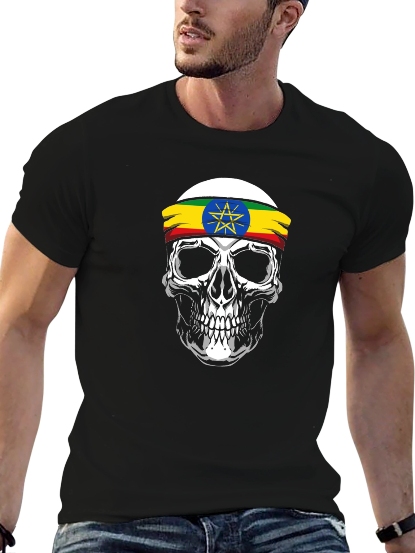 Ethiopian Flag Skull Graphic T-Shirt