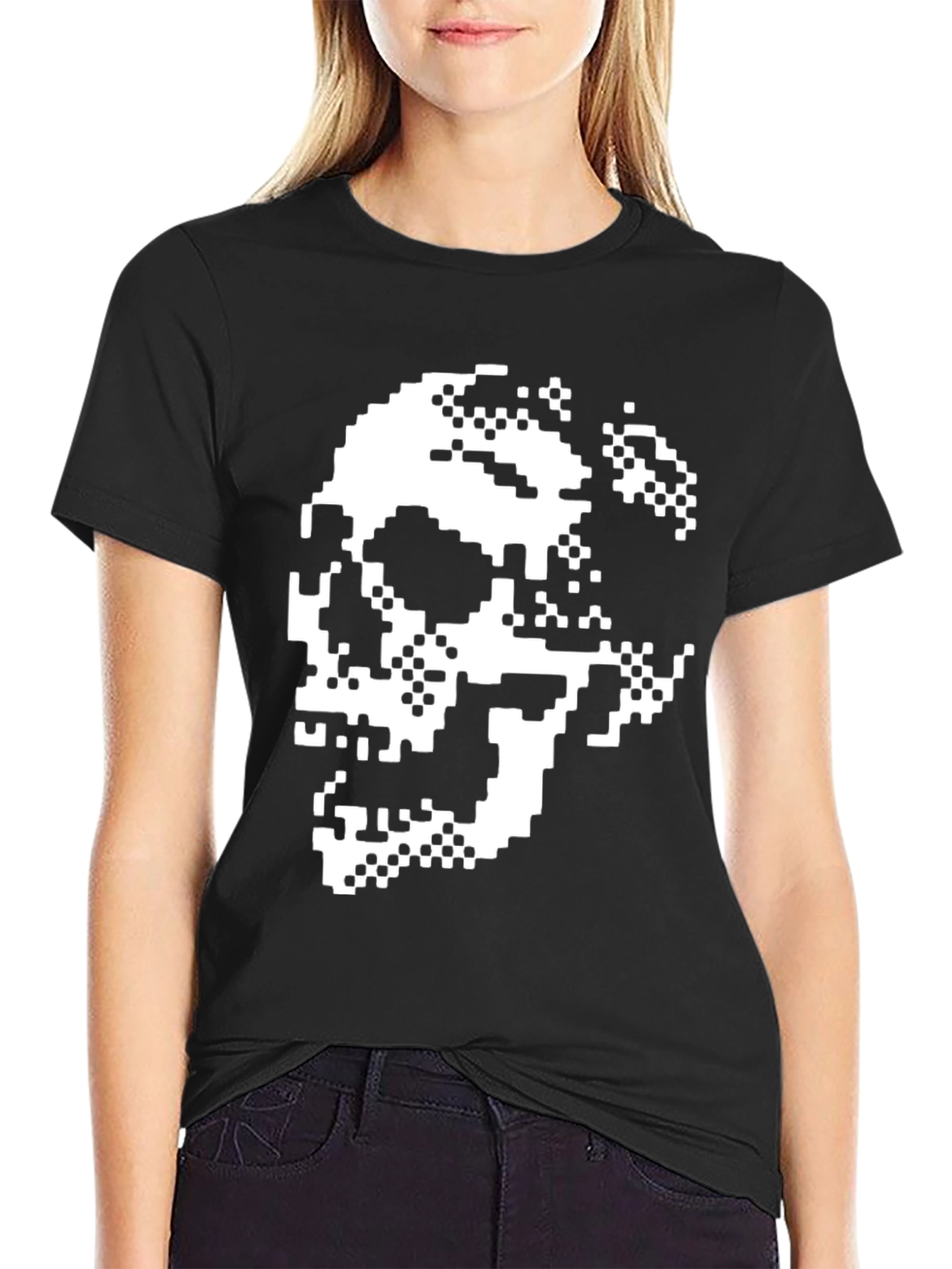 Pixel Skull Graphic Tee - Black Cotton Shirt