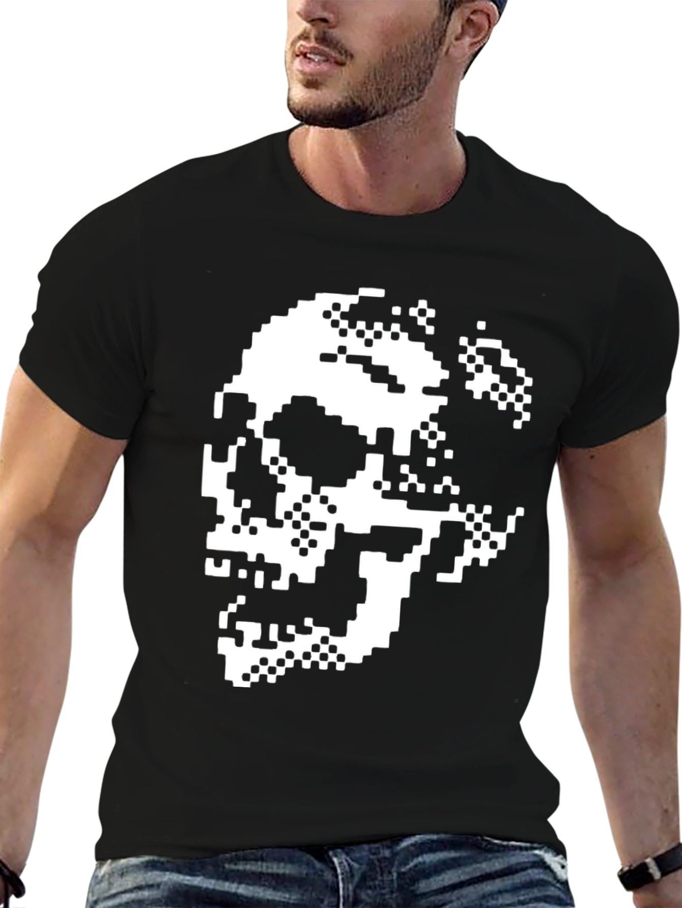 Pixel Skull Graphic Tee - Black Cotton Shirt