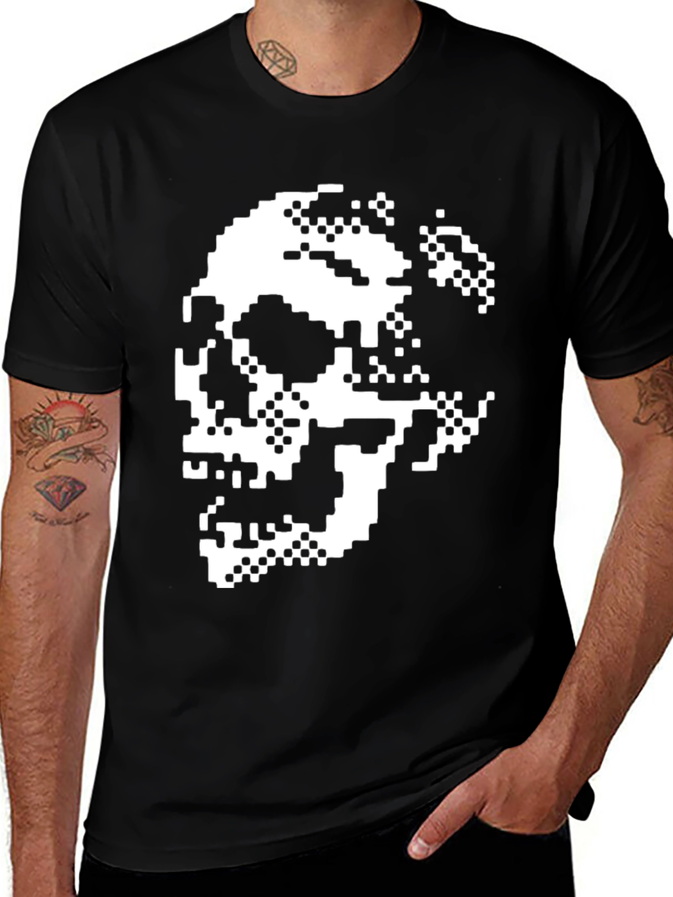 Pixel Skull Graphic Tee - Black Cotton Shirt