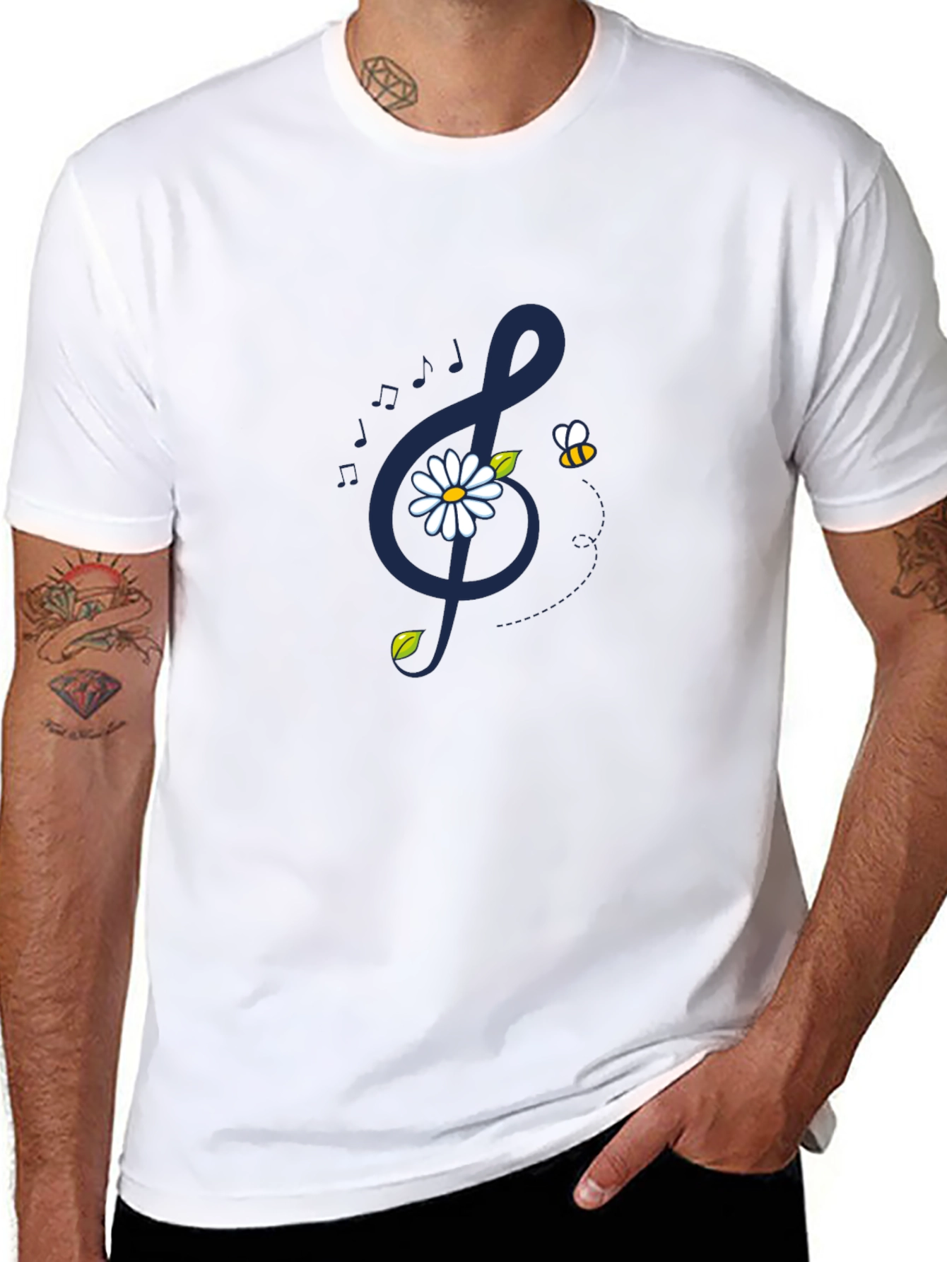 Musical Daisy Bee Graphic Tee - Black Cotton T-Shirt