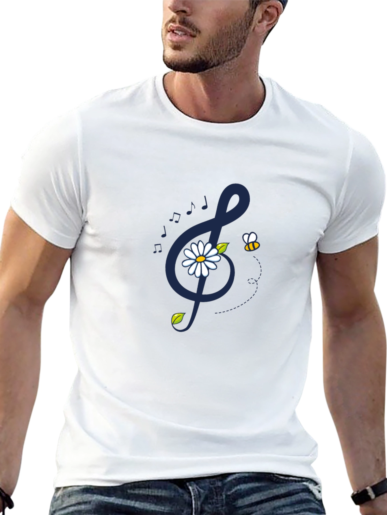 Musical Daisy Bee Graphic Tee - Black Cotton T-Shirt