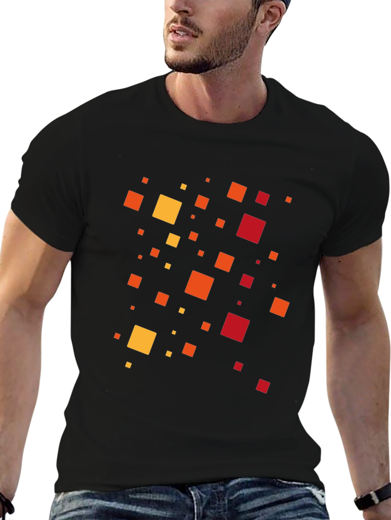 Geometric Square Pattern Black T-Shirt