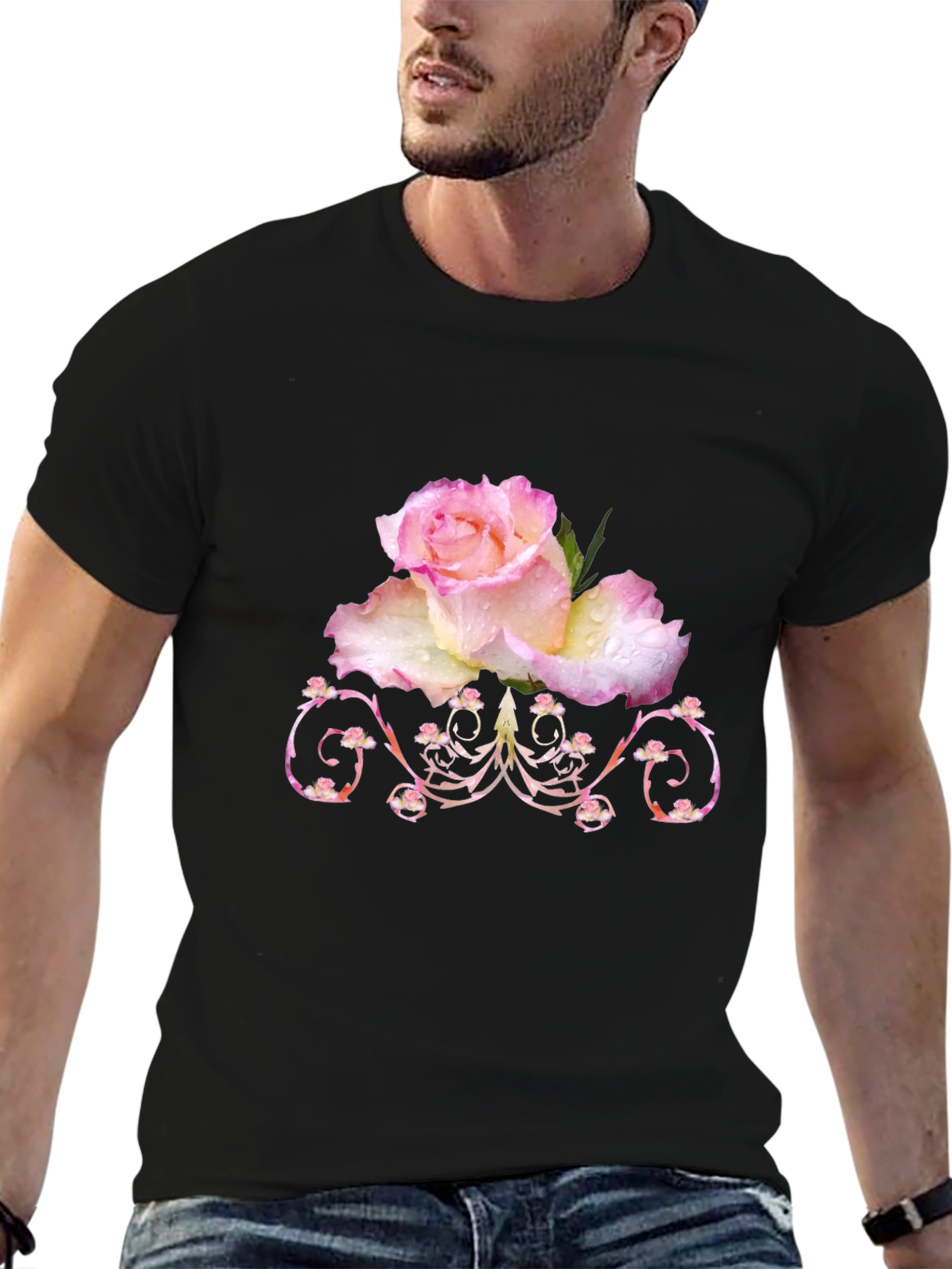 Floral Rose Graphic T-Shirt - Elegant Black Tee