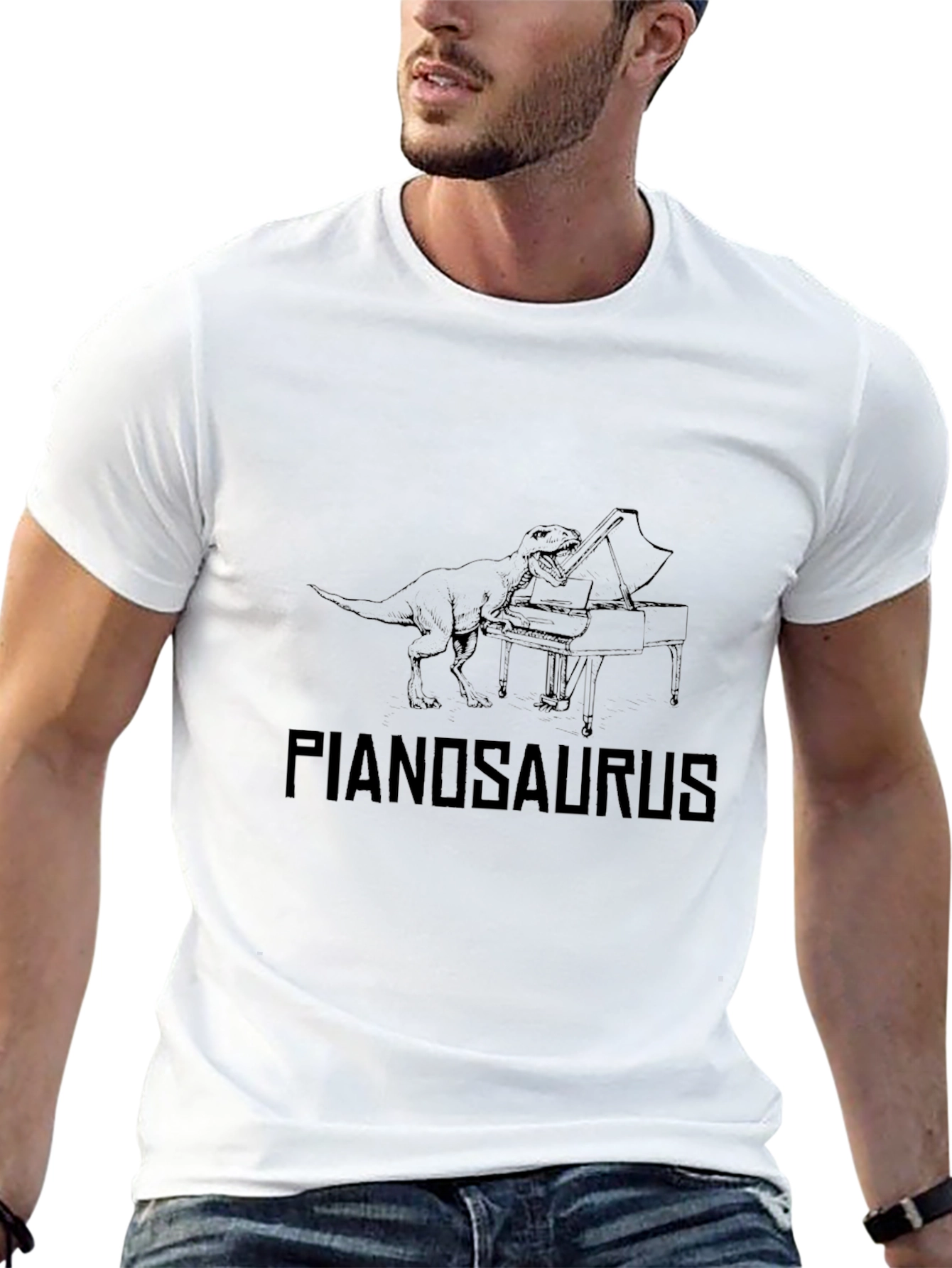 Pianosaurus Black Graphic Tee | Dinosaur Piano Player T-Shirt