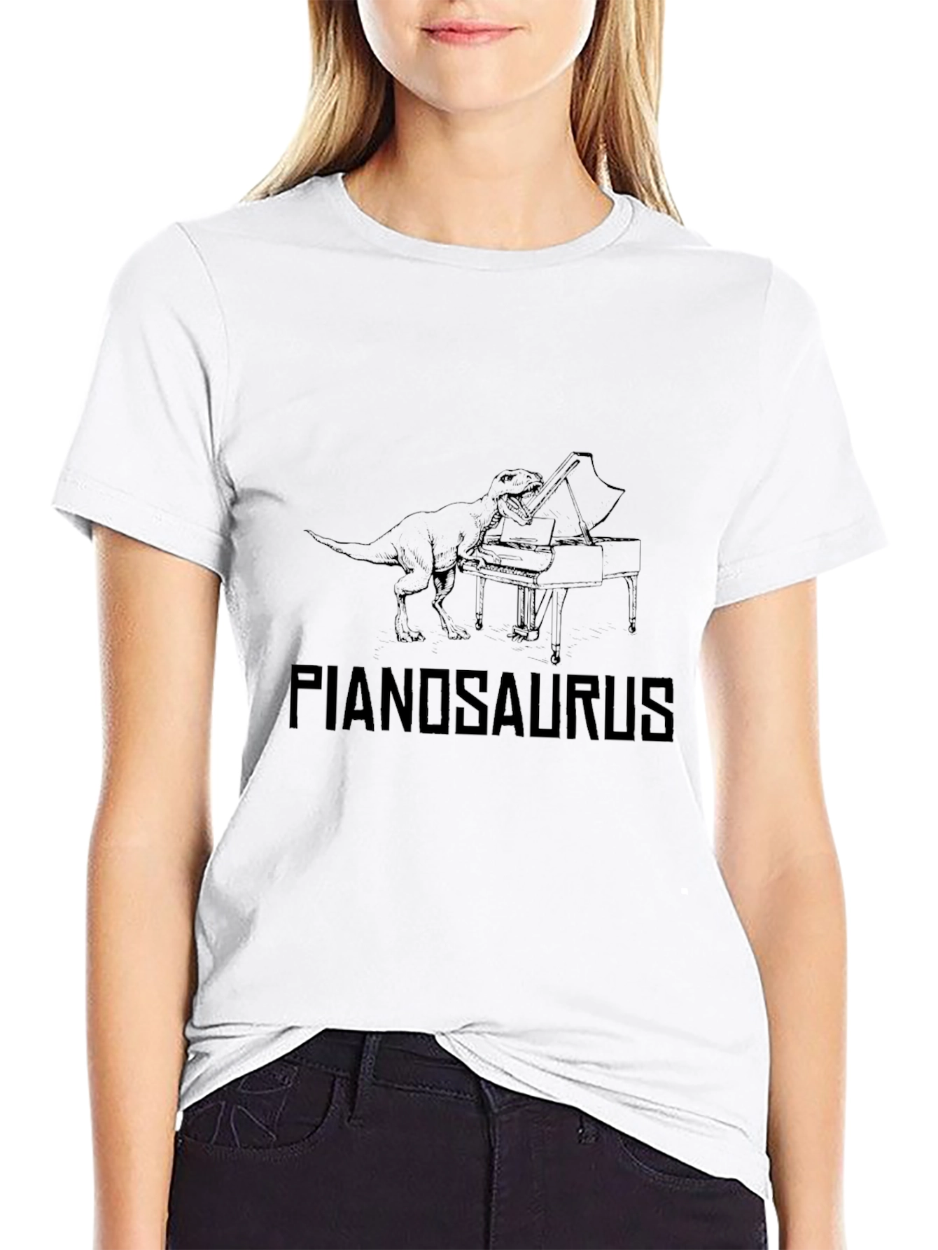 Pianosaurus Black Graphic Tee | Dinosaur Piano Player T-Shirt