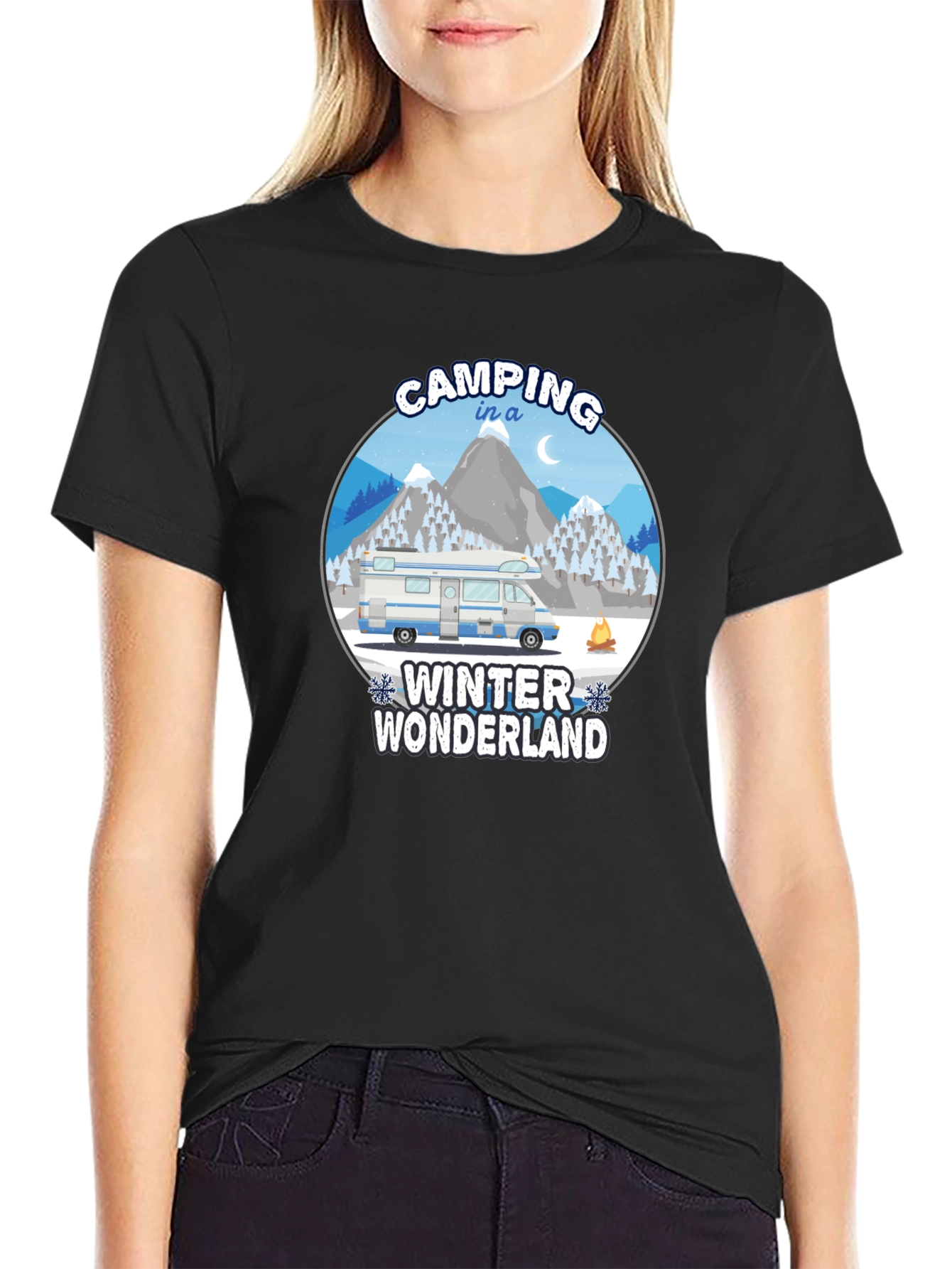 Camping Winter Wonderland Black T-Shirt