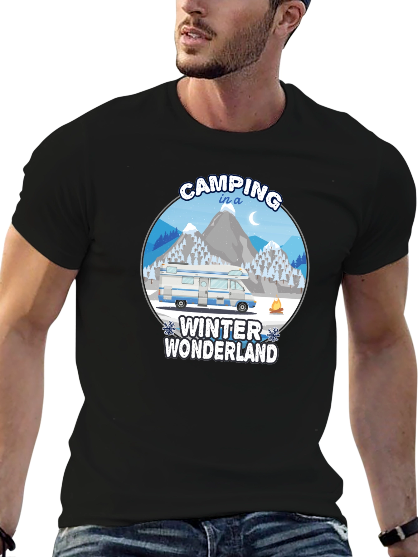 Camping Winter Wonderland Black T-Shirt