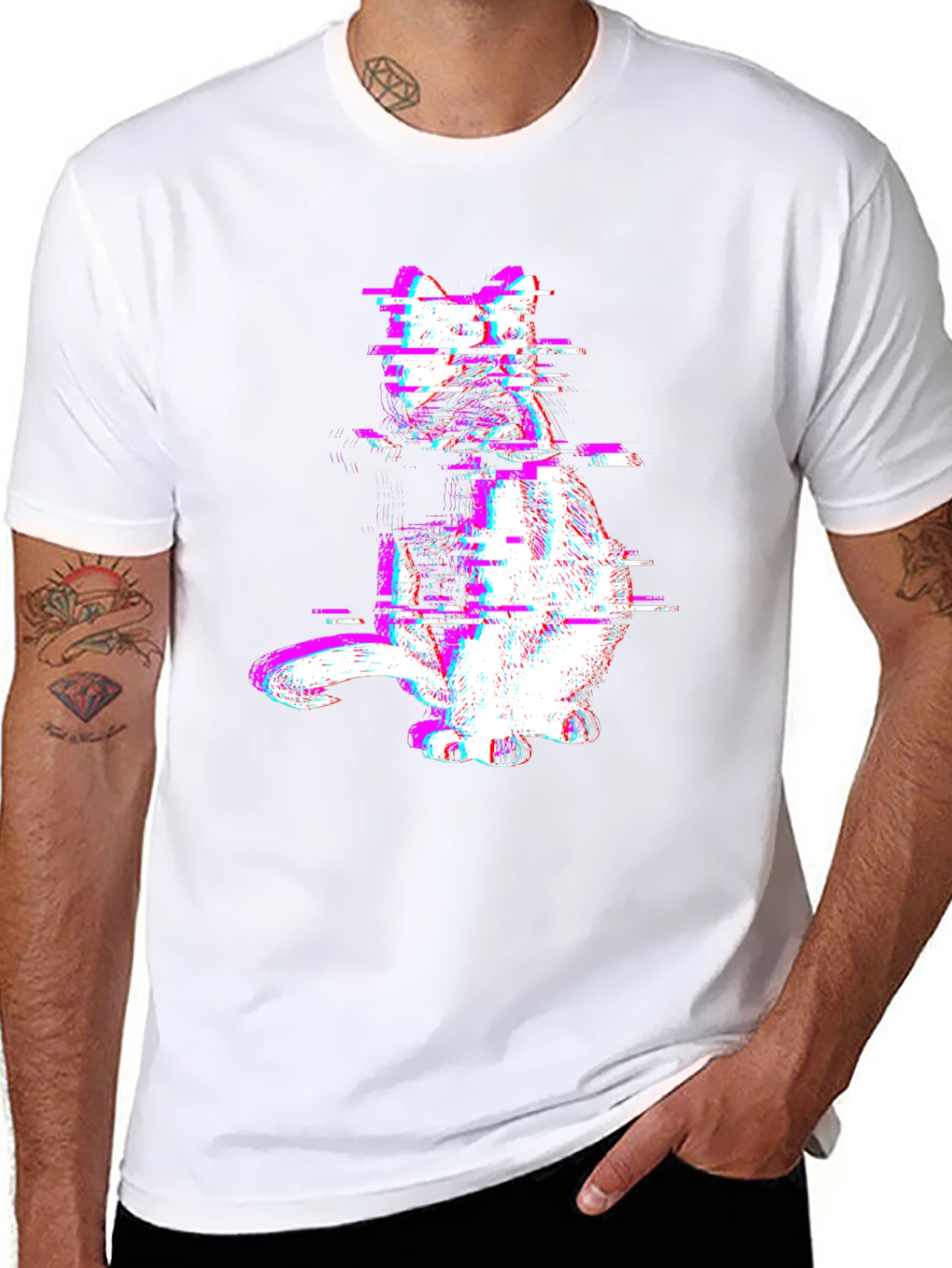 Glitch Cat Graphic Tee - Trendy Black T-Shirt