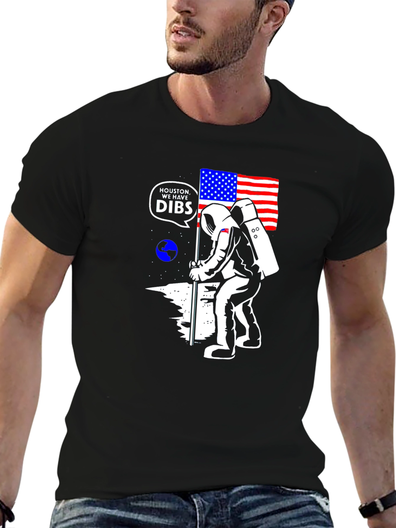 Astronaut USA Flag Moon Black T-Shirt