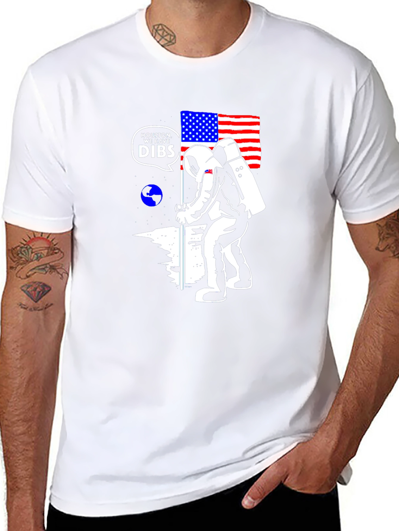 Astronaut USA Flag Moon Black T-Shirt