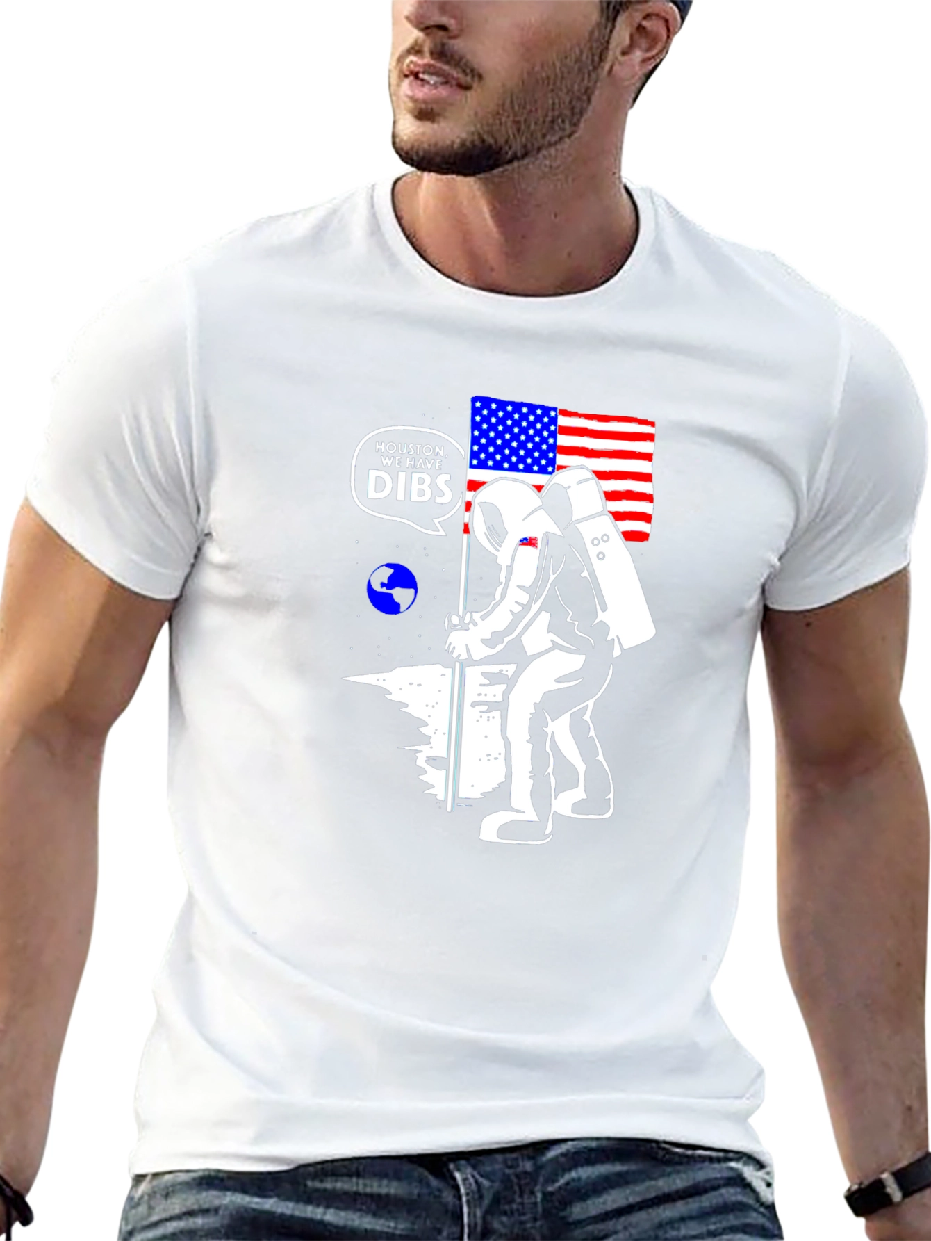 Astronaut USA Flag Moon Black T-Shirt