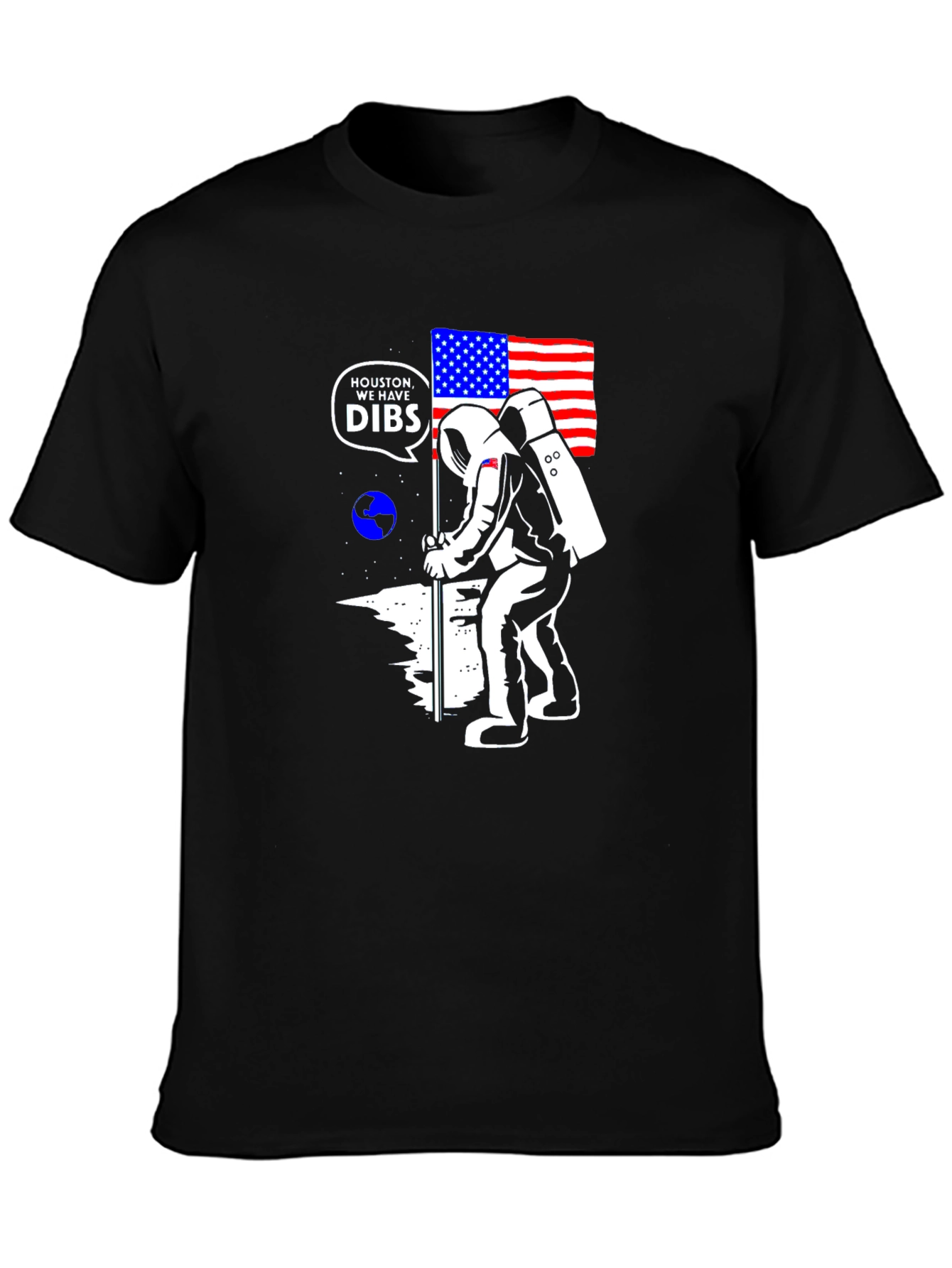 Astronaut USA Flag Moon Black T-Shirt