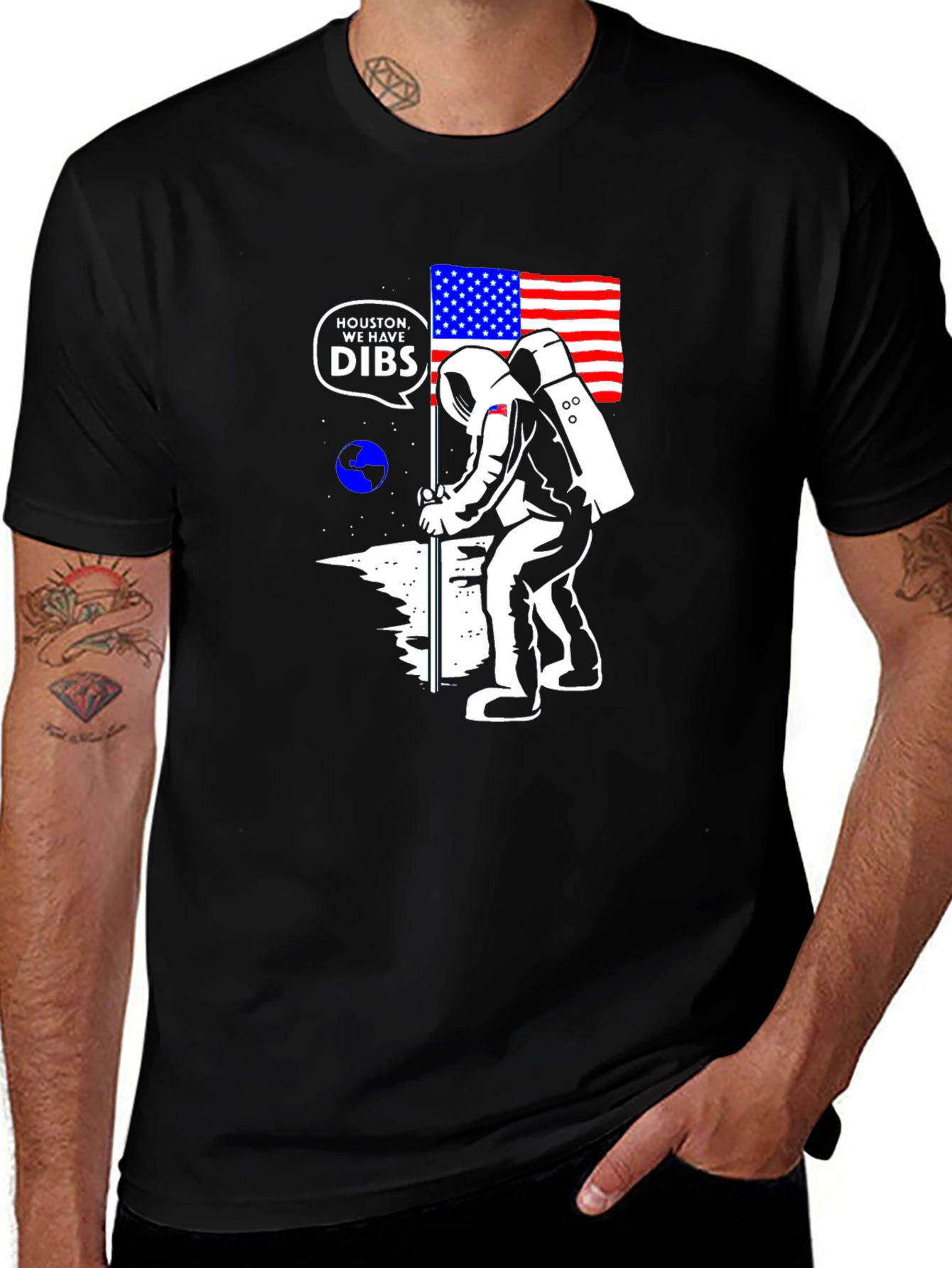 Astronaut USA Flag Moon Black T-Shirt