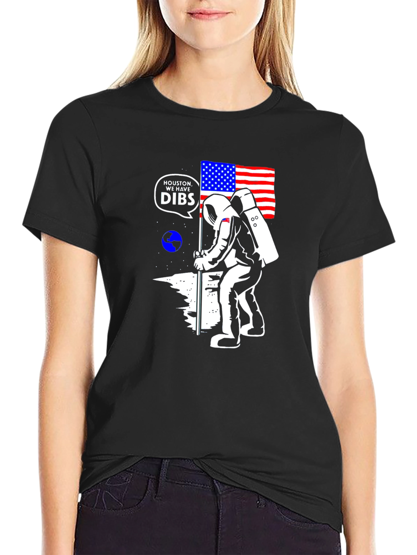 Astronaut USA Flag Moon Black T-Shirt