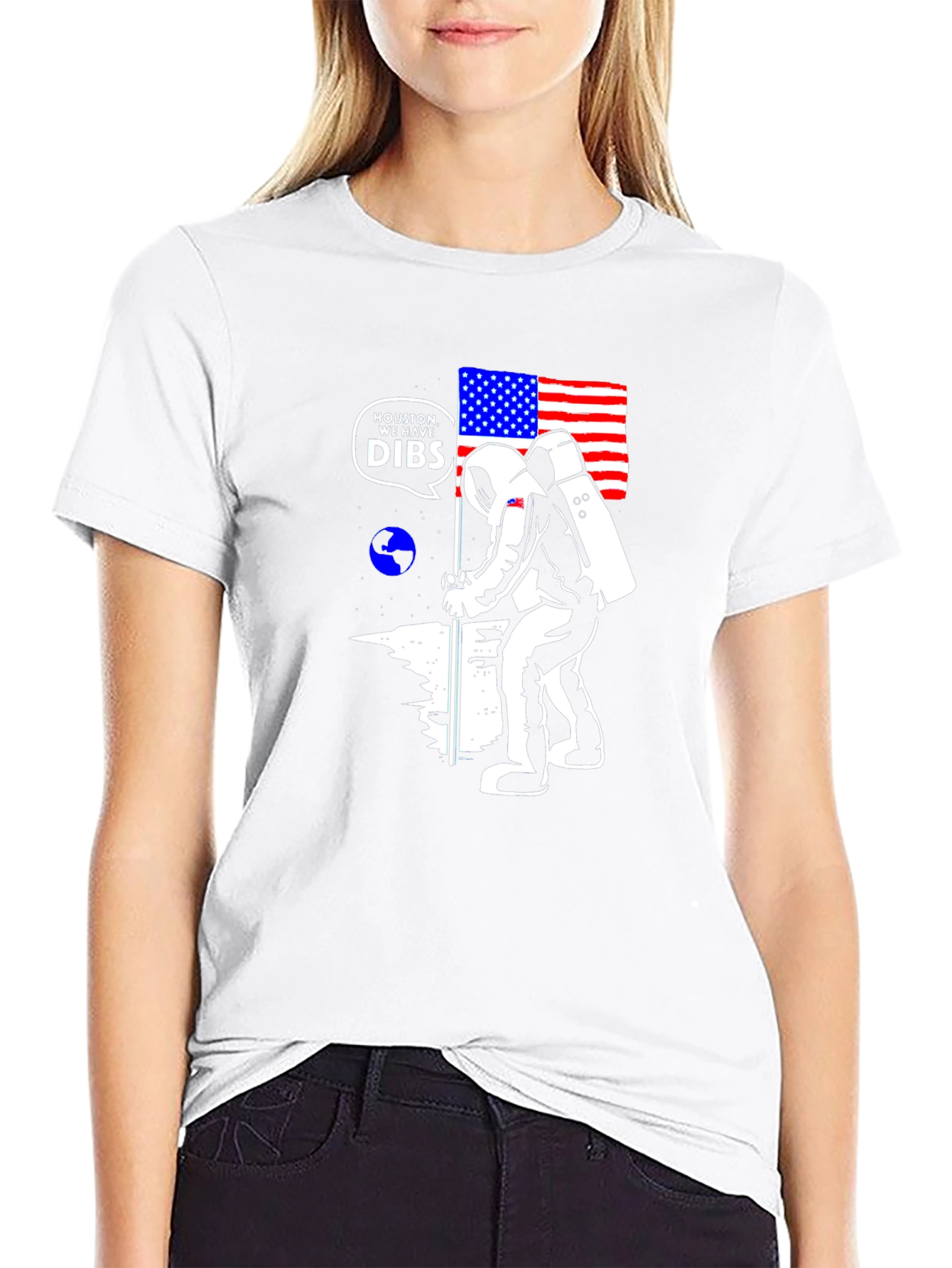 Astronaut USA Flag Moon Black T-Shirt