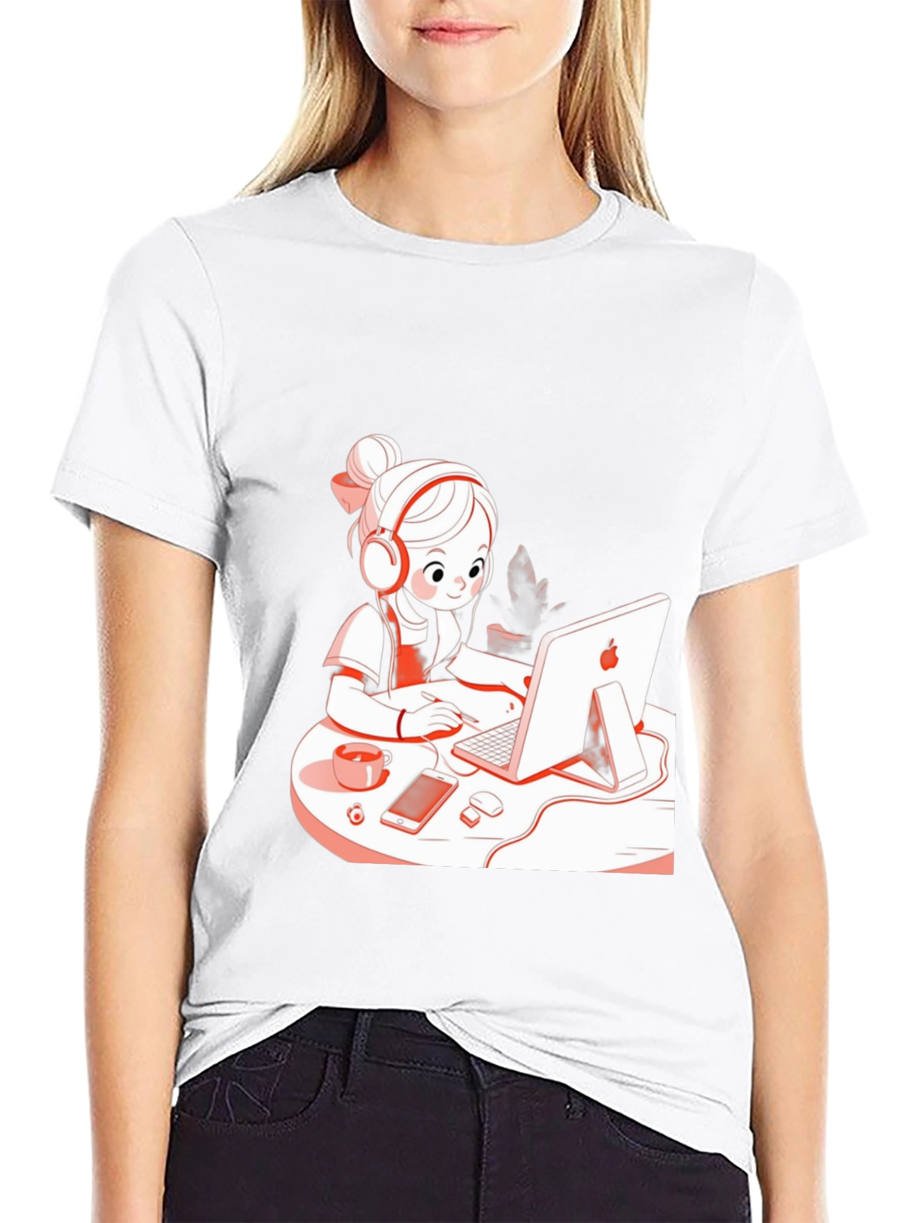 Stylish Black T-Shirt with Cute Girl at Computer Graphic