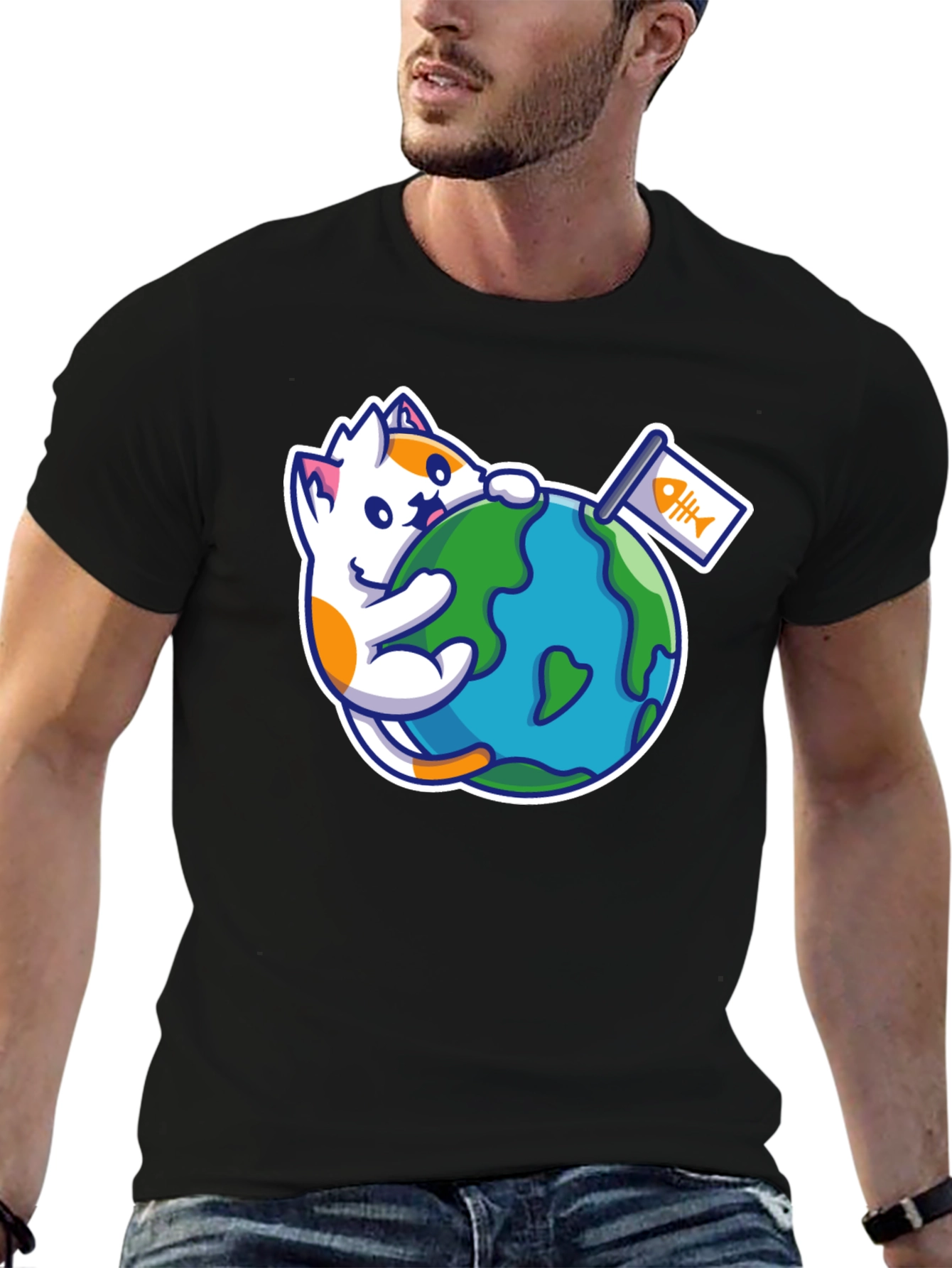 Cute Cat Hugging Earth T-Shirt - Global Purr-tection