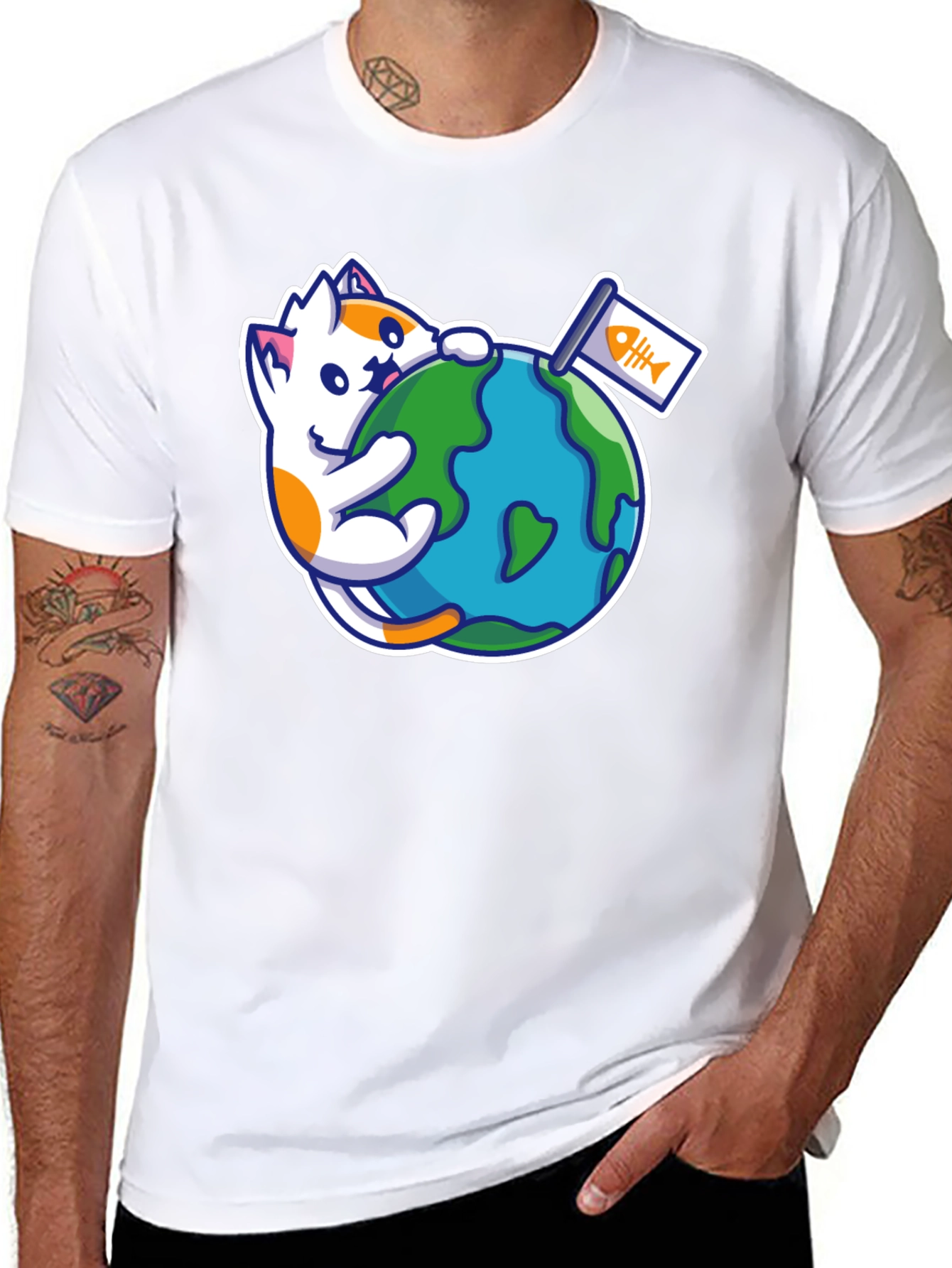 Cute Cat Hugging Earth T-Shirt - Global Purr-tection