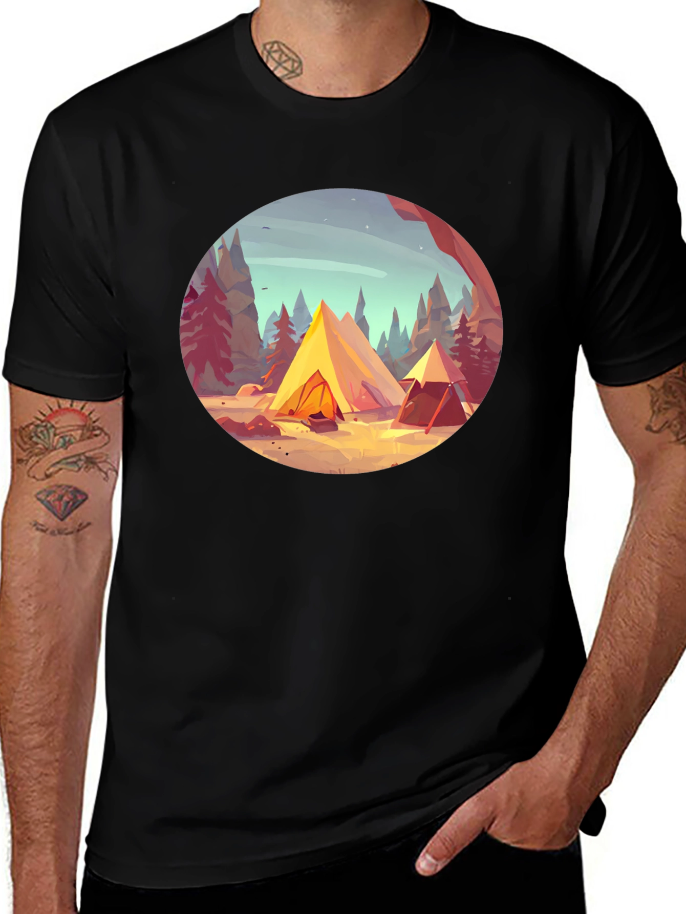 Camping Scene Graphic Tee - Black Unisex T-Shirt