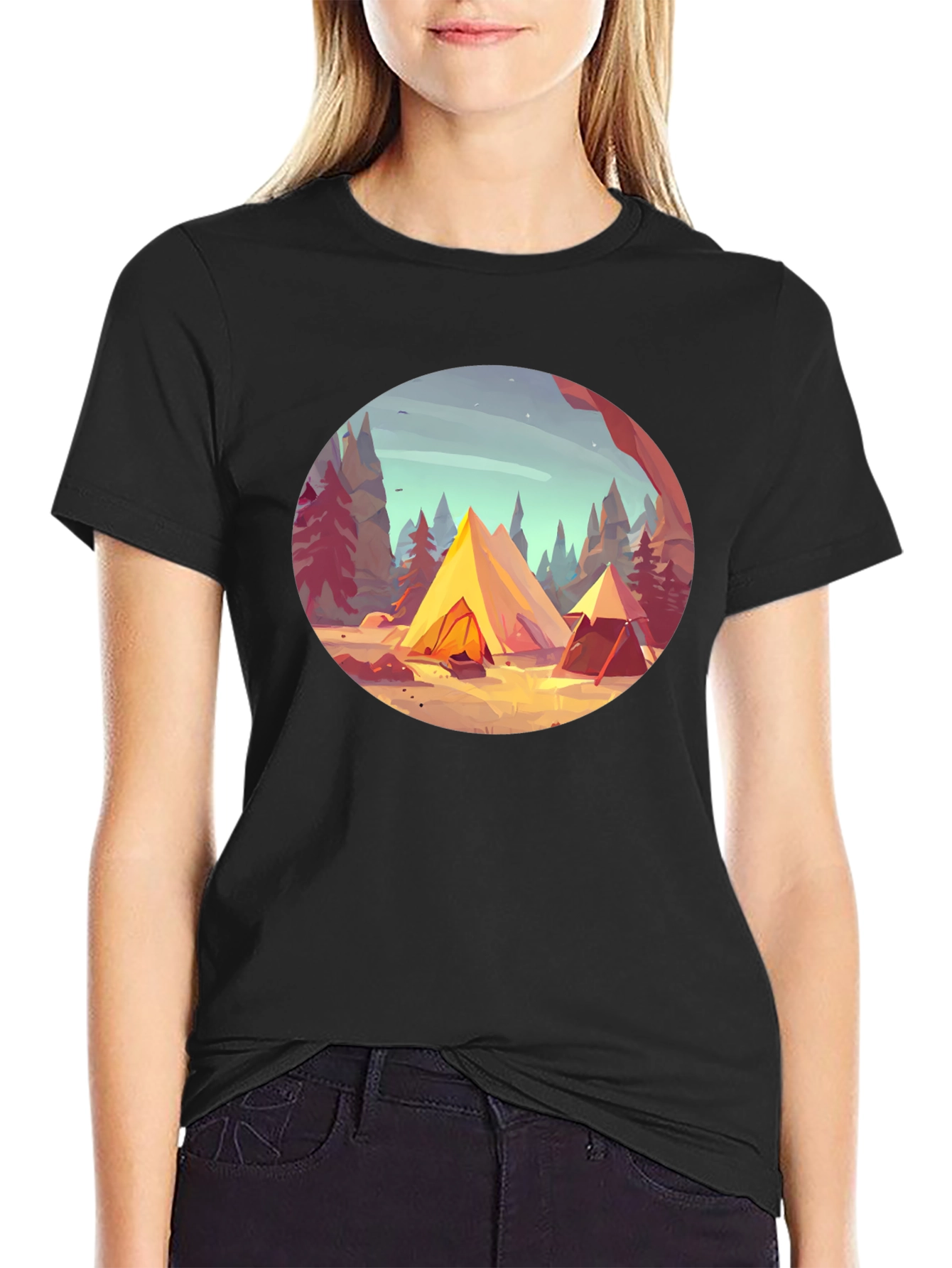 Camping Scene Graphic Tee - Black Unisex T-Shirt