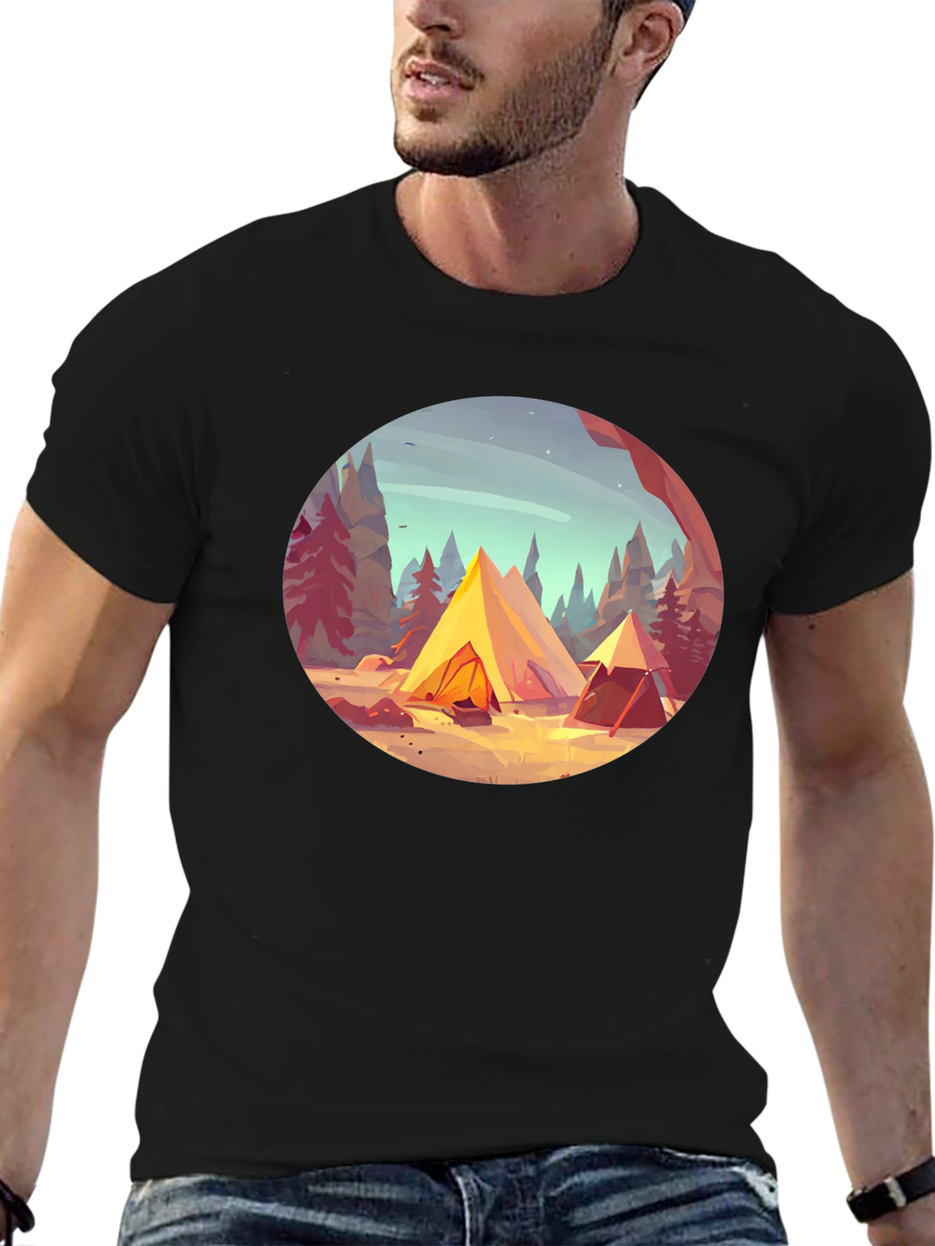 Camping Scene Graphic Tee - Black Unisex T-Shirt