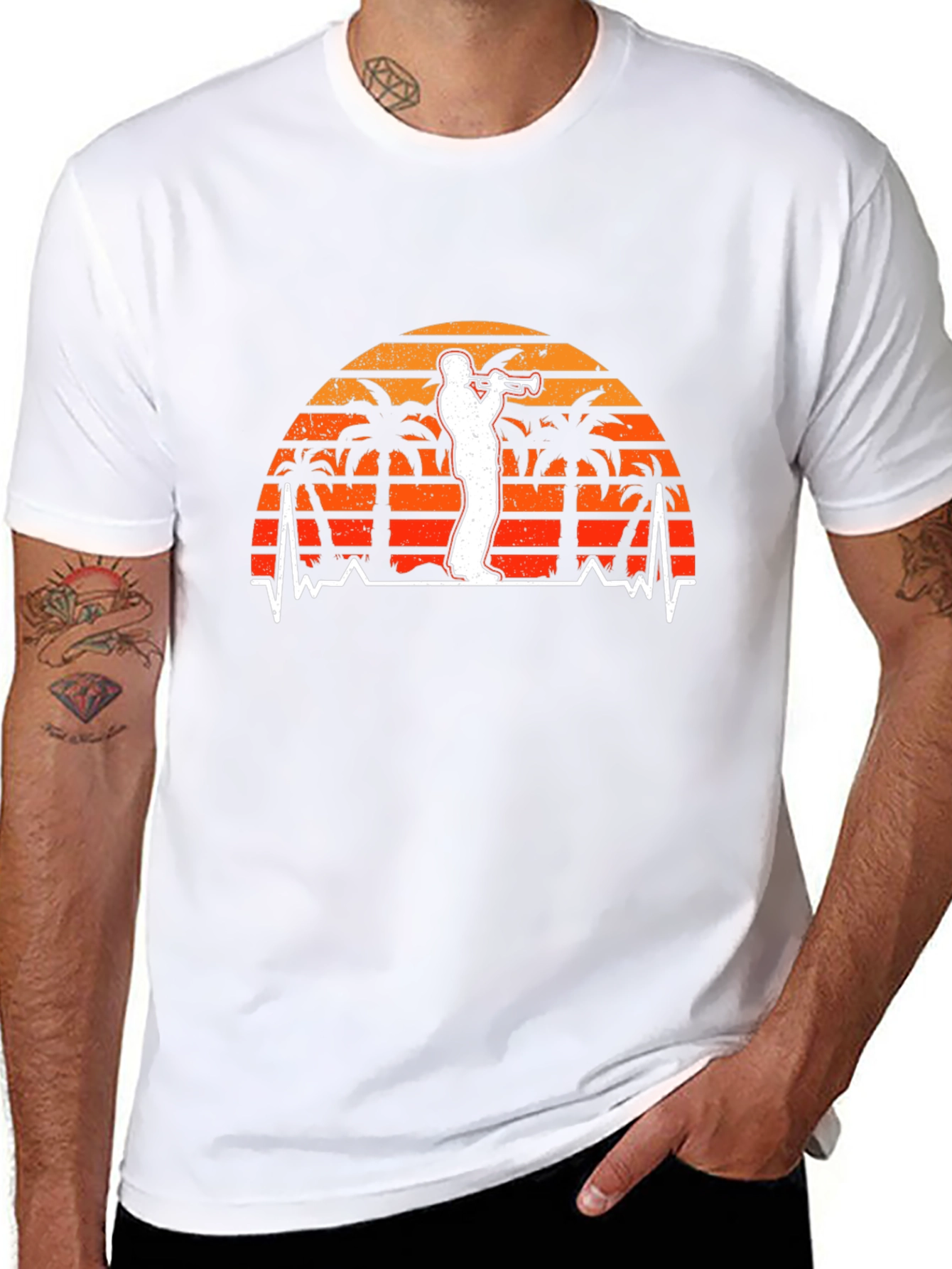 Retro Trumpet Player Tee - Palm Sunset Vibe