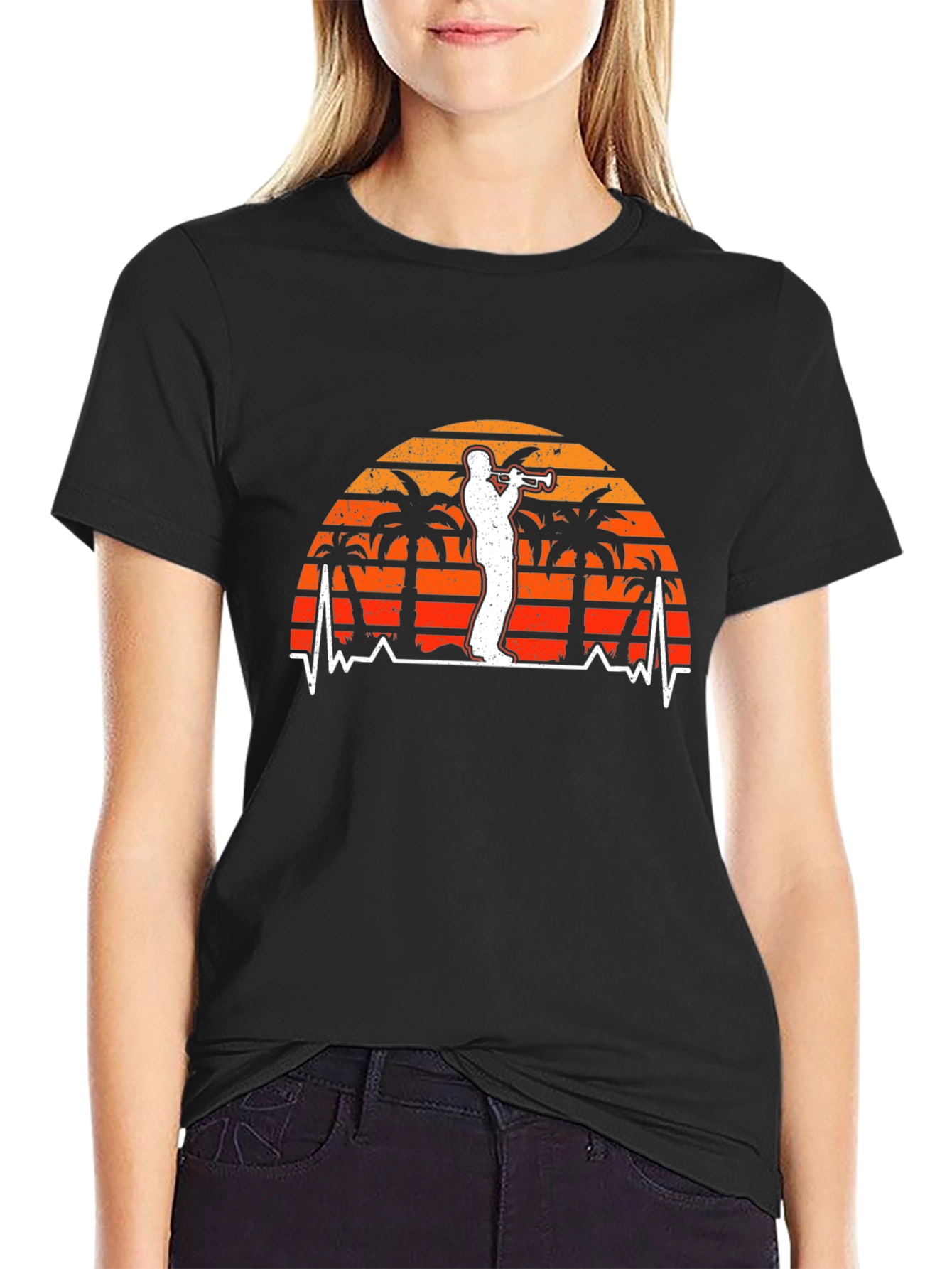 Retro Trumpet Player Tee - Palm Sunset Vibe
