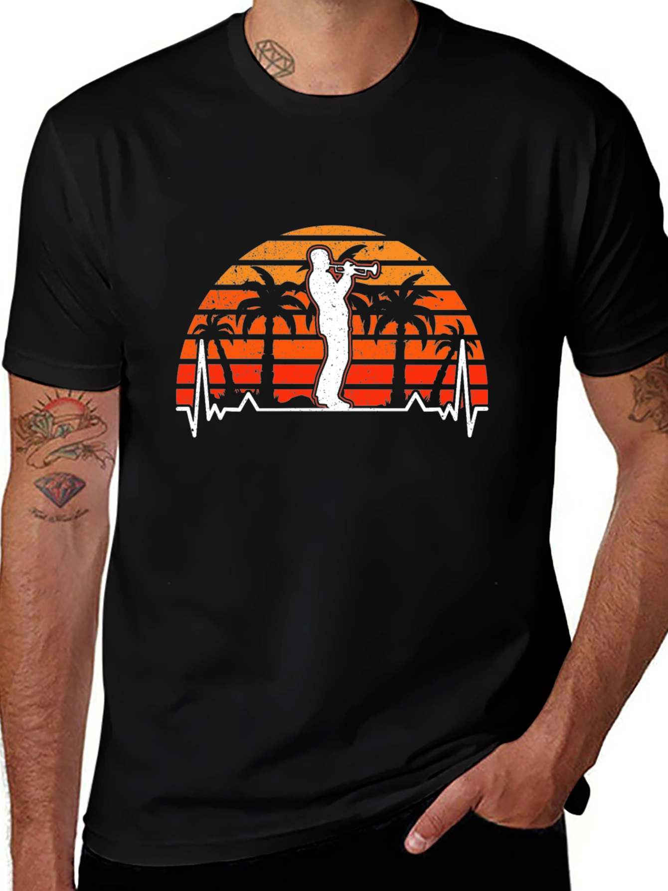 Retro Trumpet Player Tee - Palm Sunset Vibe