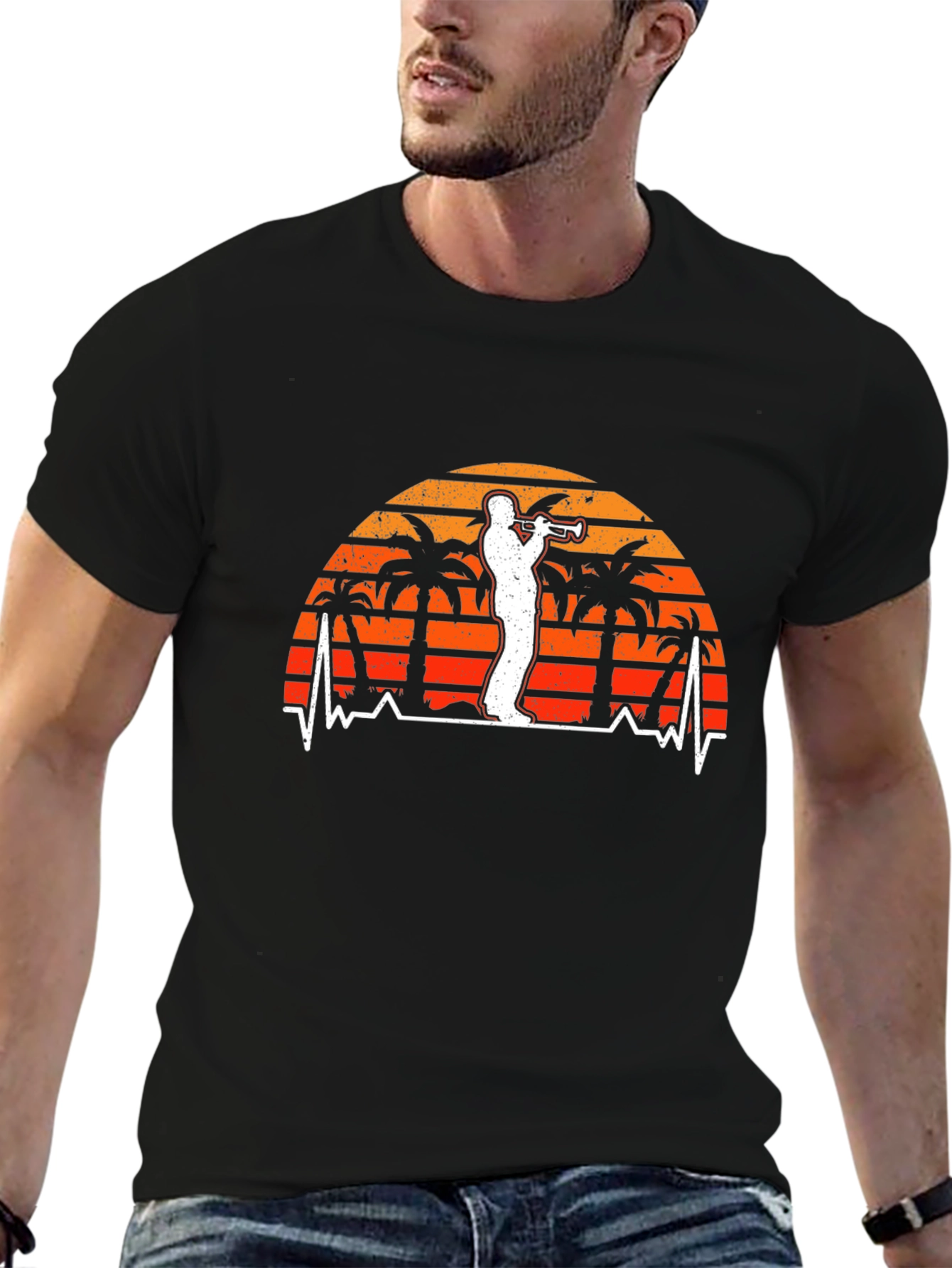 Retro Trumpet Player Tee - Palm Sunset Vibe