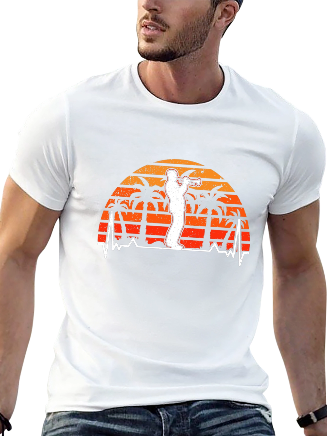 Retro Trumpet Player Tee - Palm Sunset Vibe