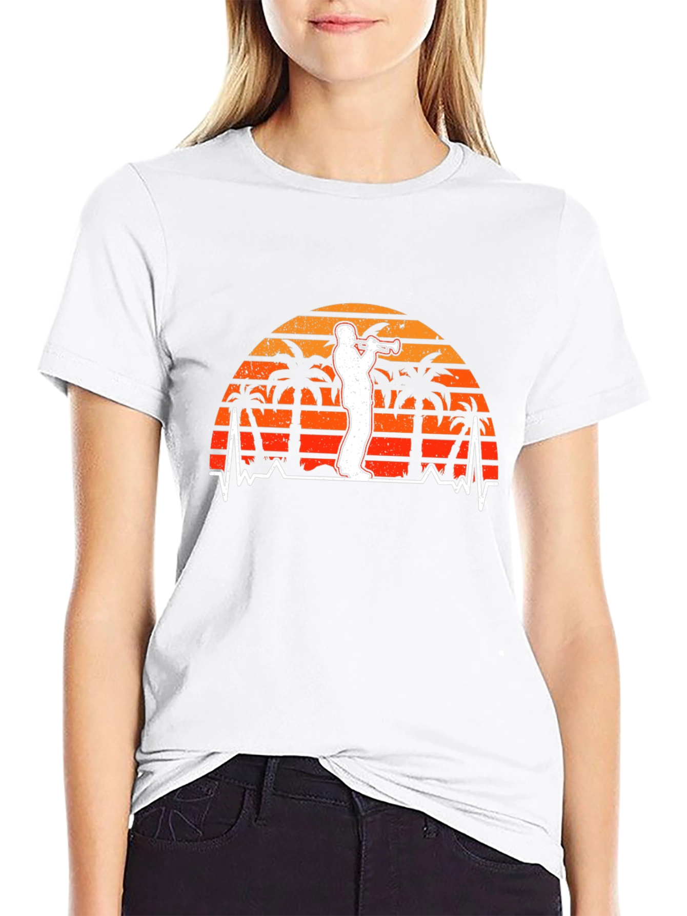 Retro Trumpet Player Tee - Palm Sunset Vibe