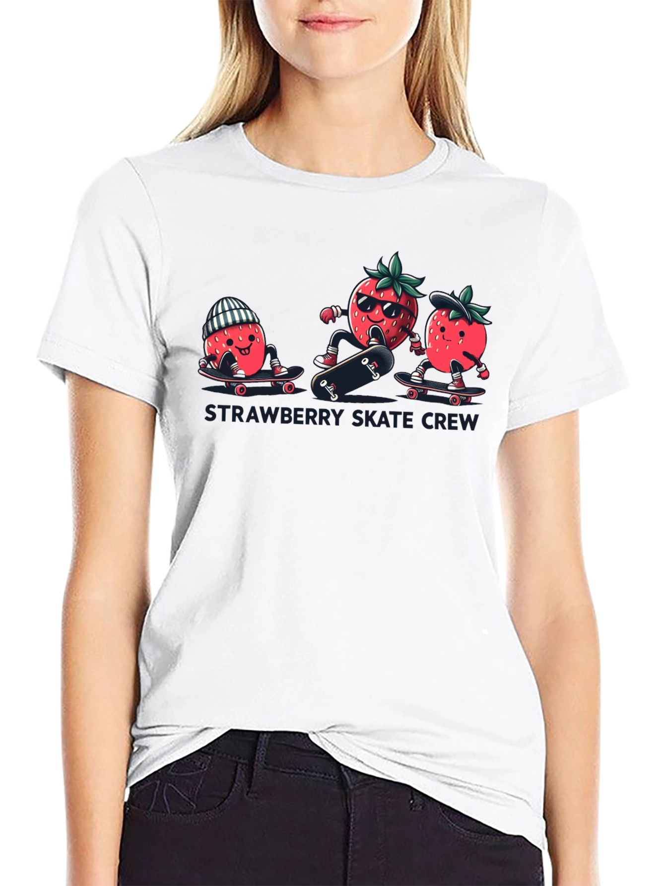 Strawberry Skate Crew T-Shirt - Black Cotton Tee