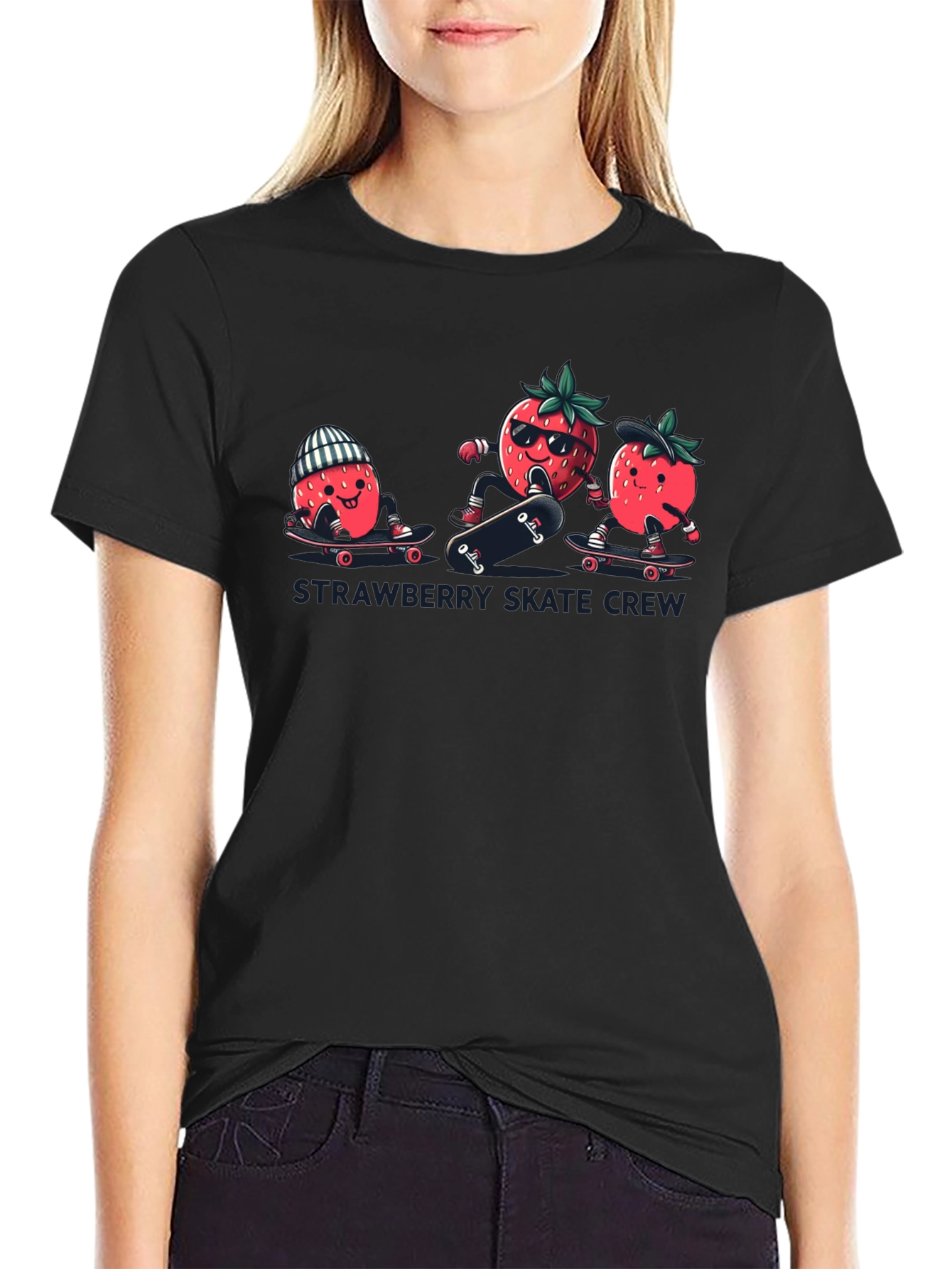 Strawberry Skate Crew T-Shirt - Black Cotton Tee