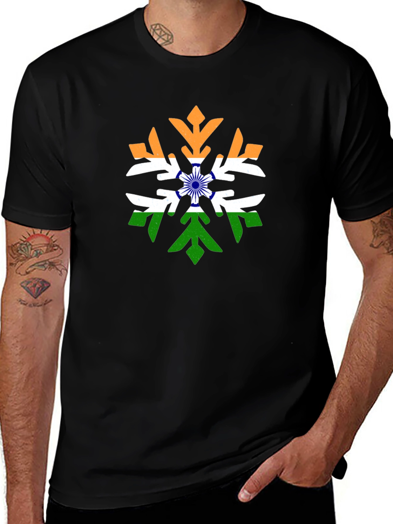 India Flag Snowflake Graphic Tee - Black