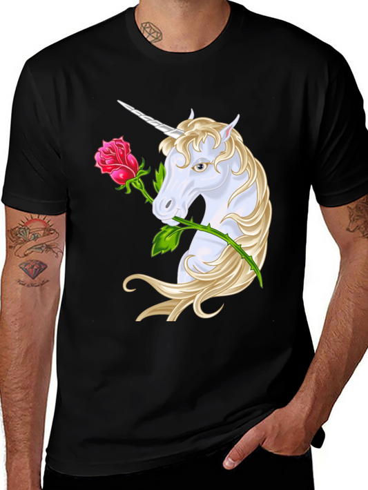 Unicorn Rose Graphic Tee - Stylish Mens Black T-Shirt