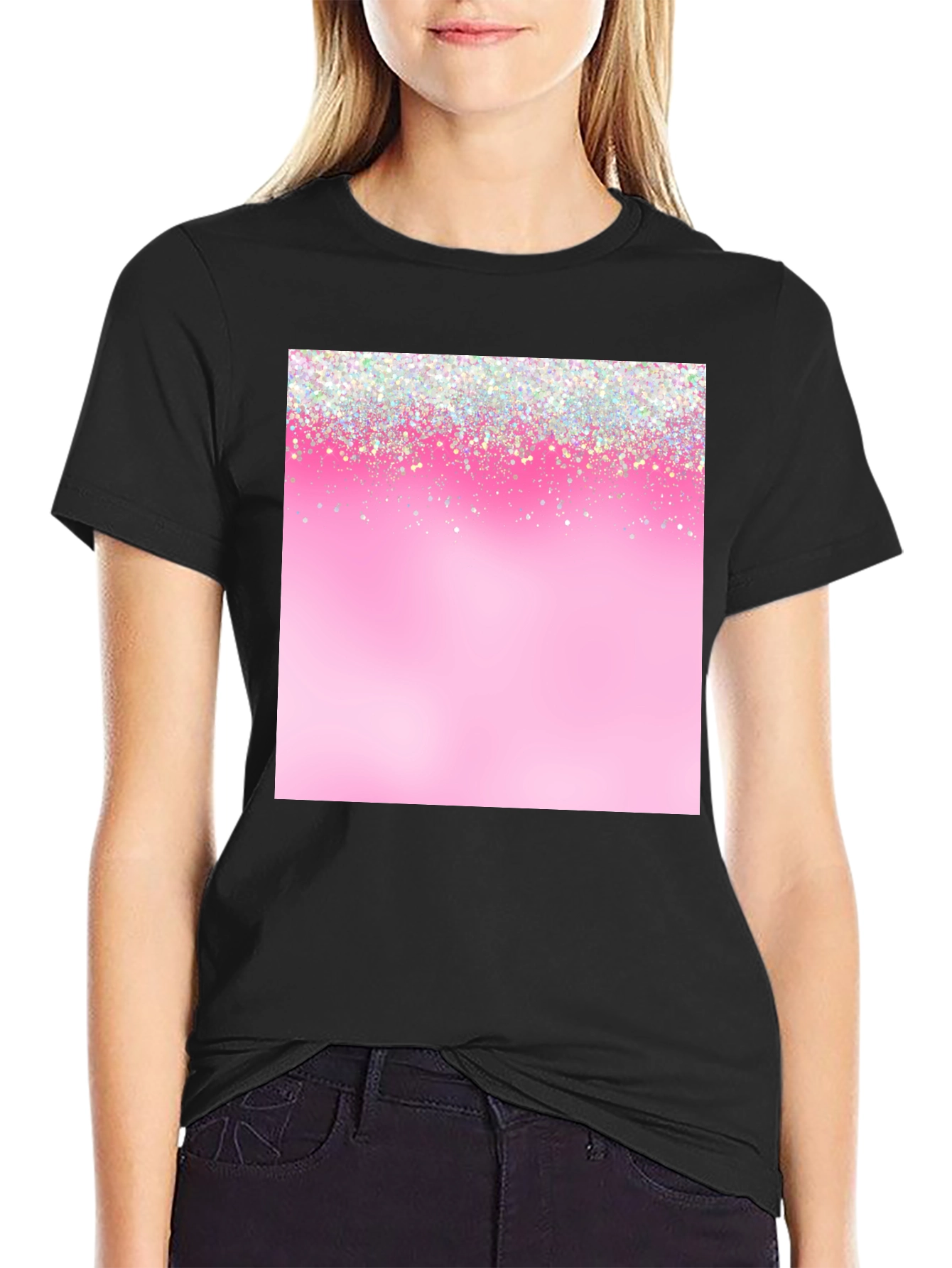 Pink Glitter Sparkle Print Black T-Shirt