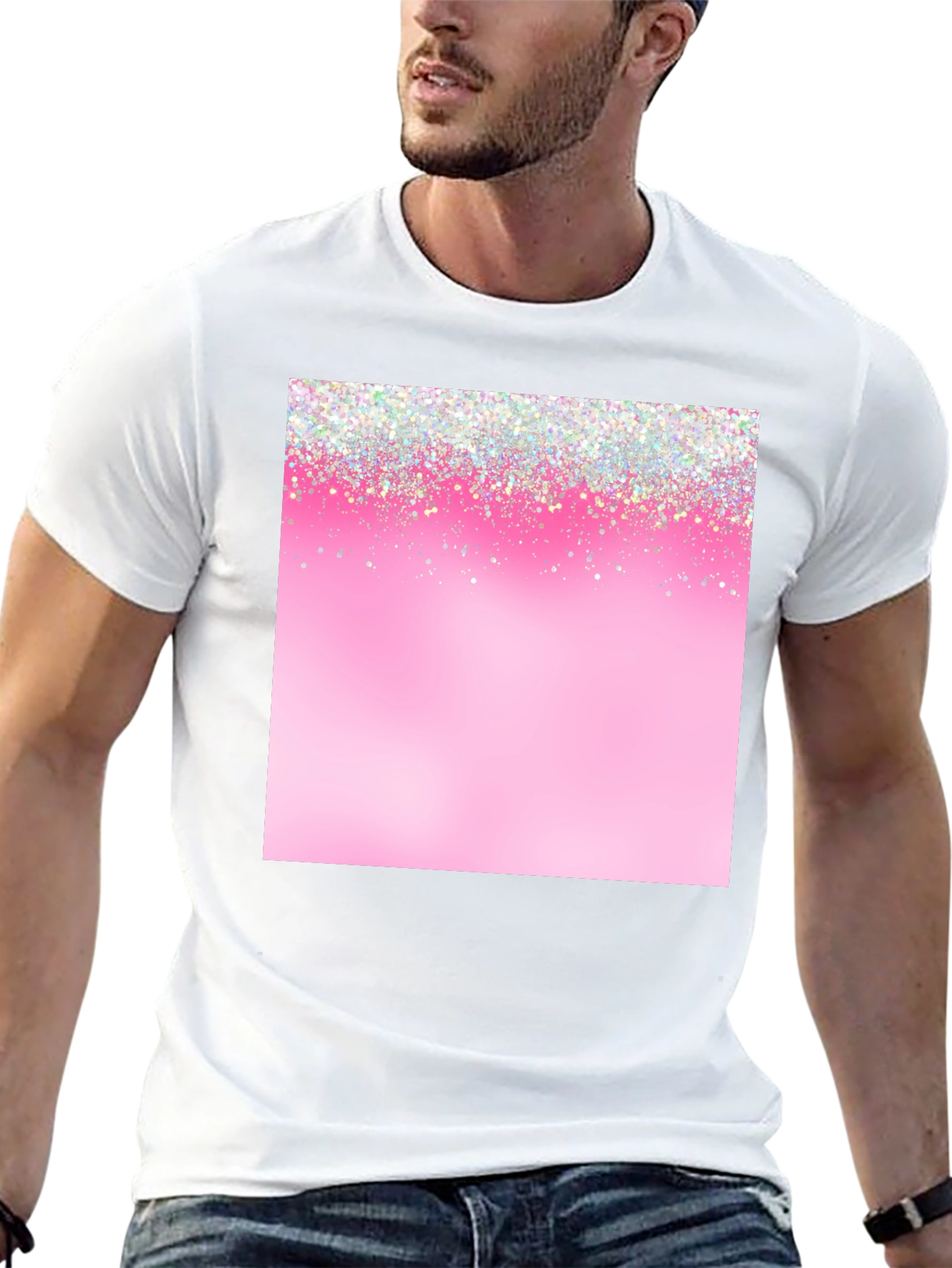 Pink Glitter Sparkle Print Black T-Shirt