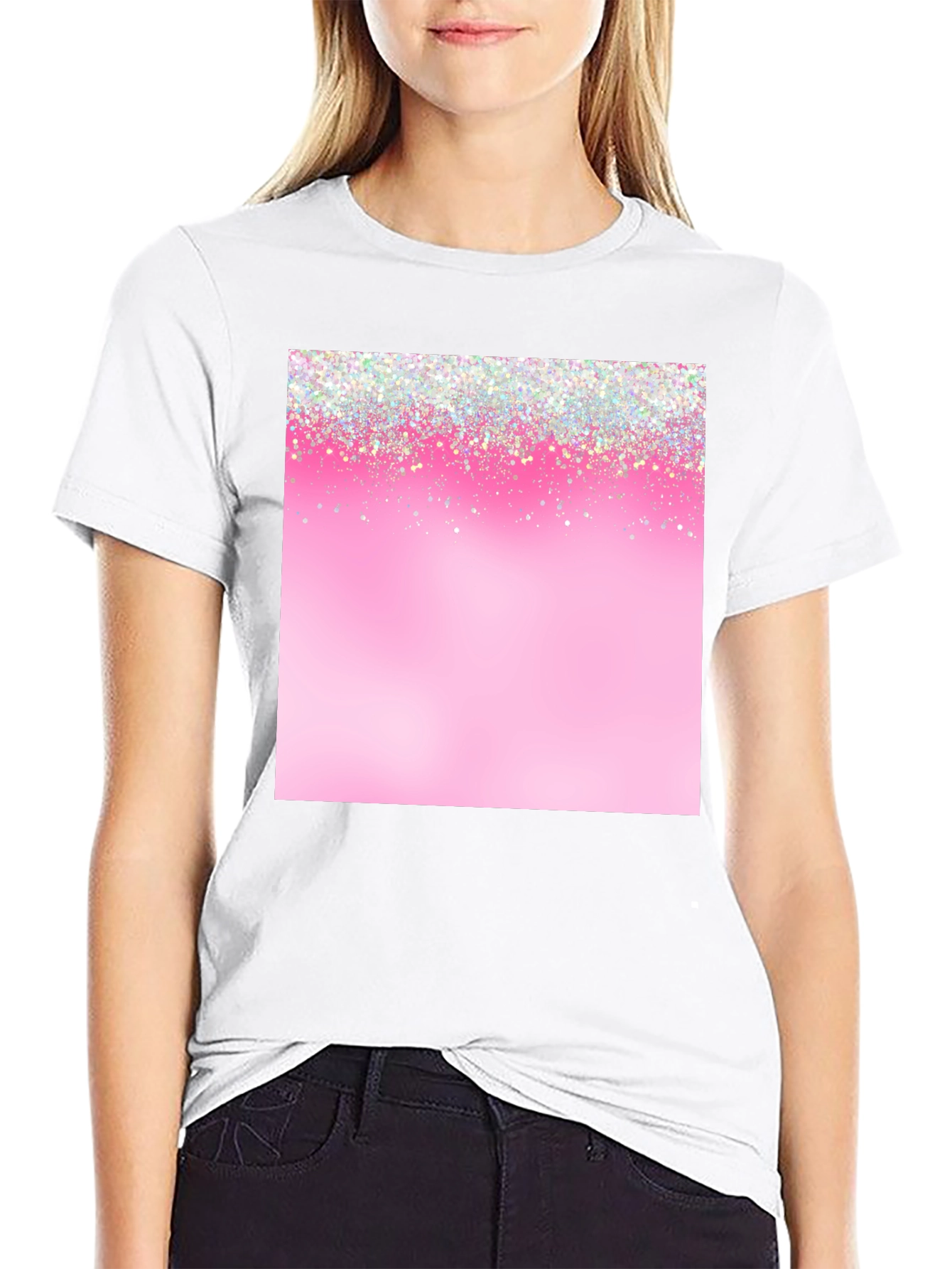 Pink Glitter Sparkle Print Black T-Shirt