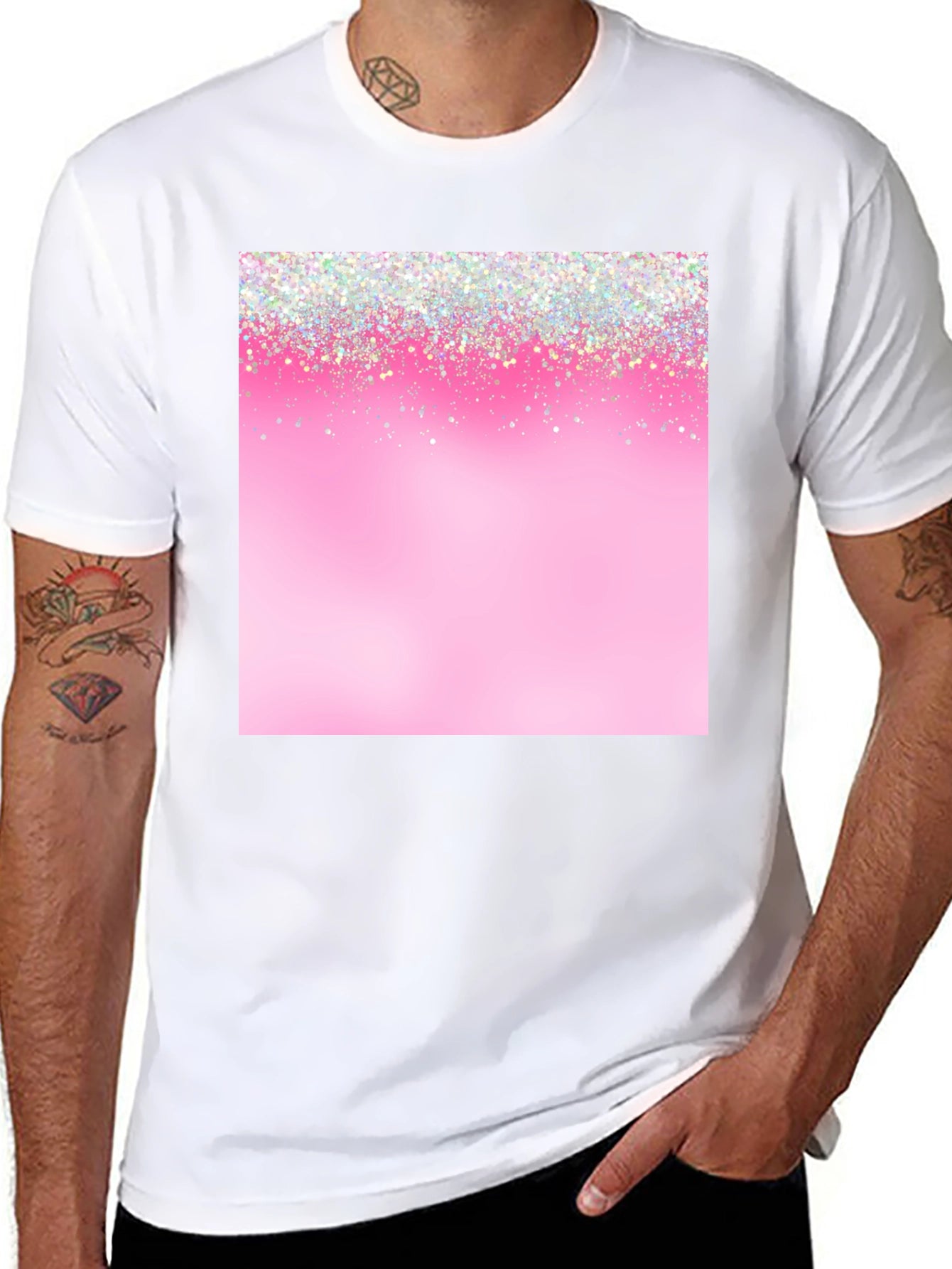 Pink Glitter Sparkle Print Black T-Shirt