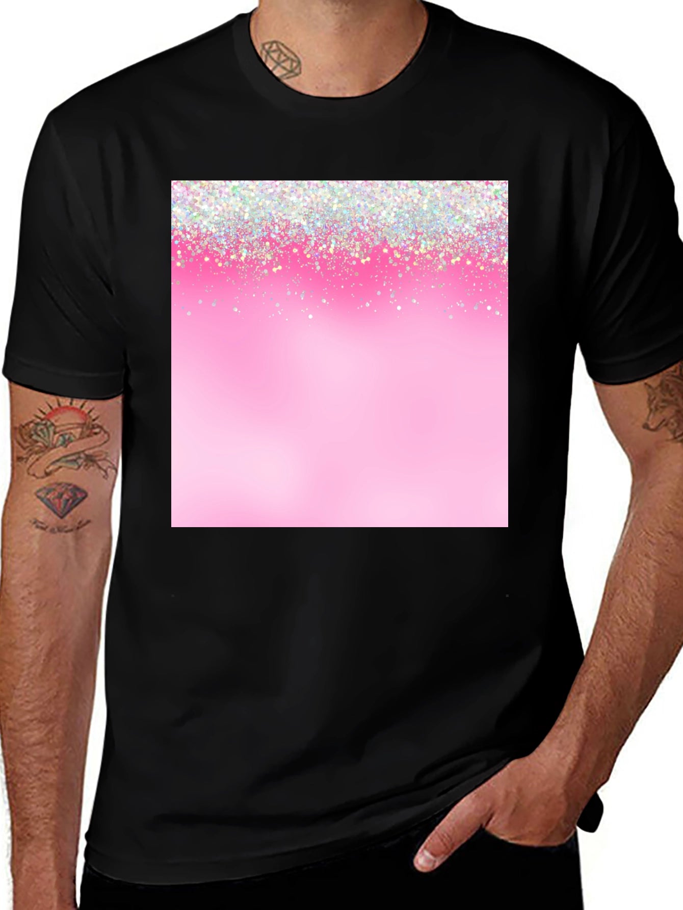 Pink Glitter Sparkle Print Black T-Shirt
