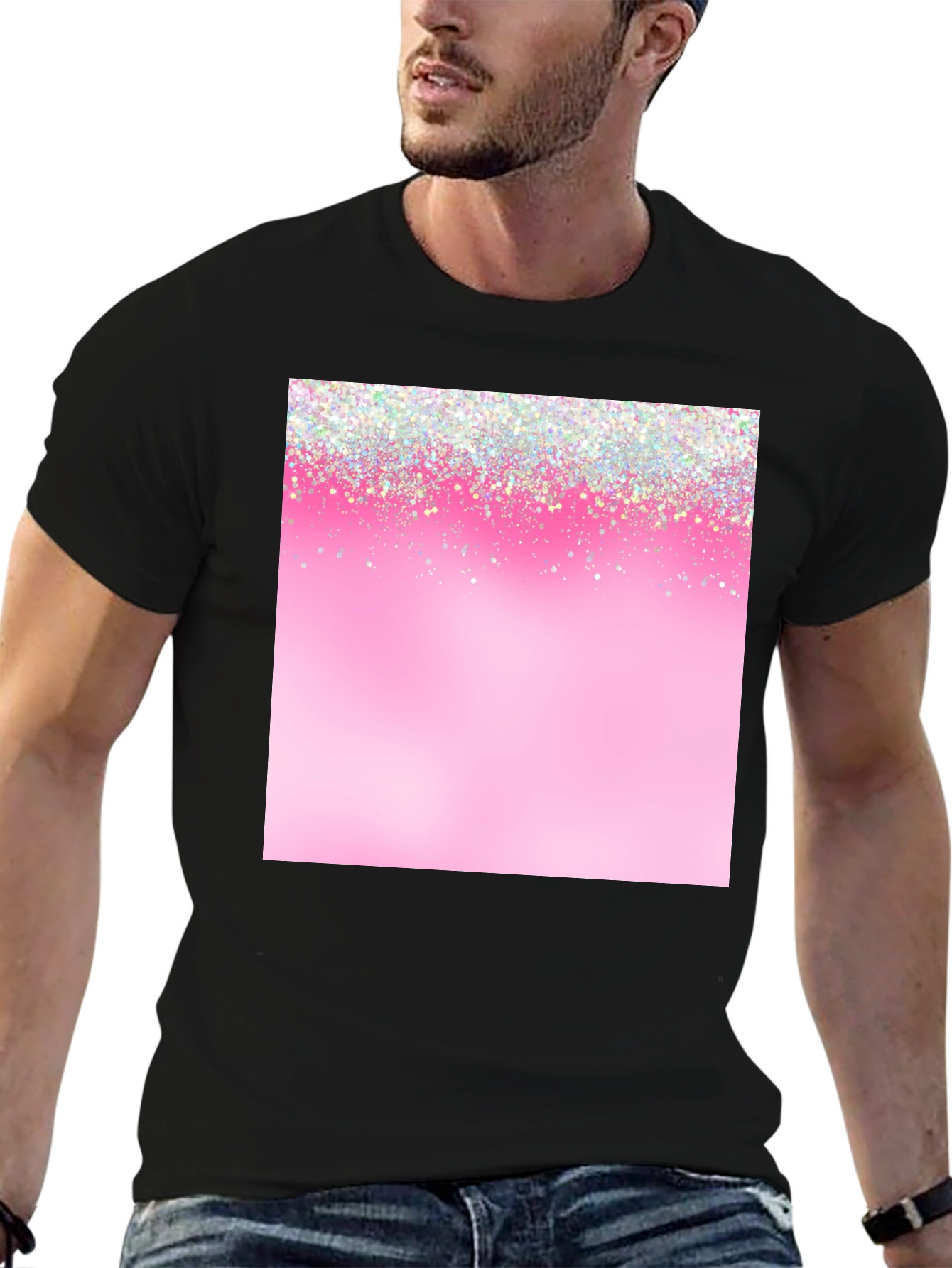 Pink Glitter Sparkle Print Black T-Shirt