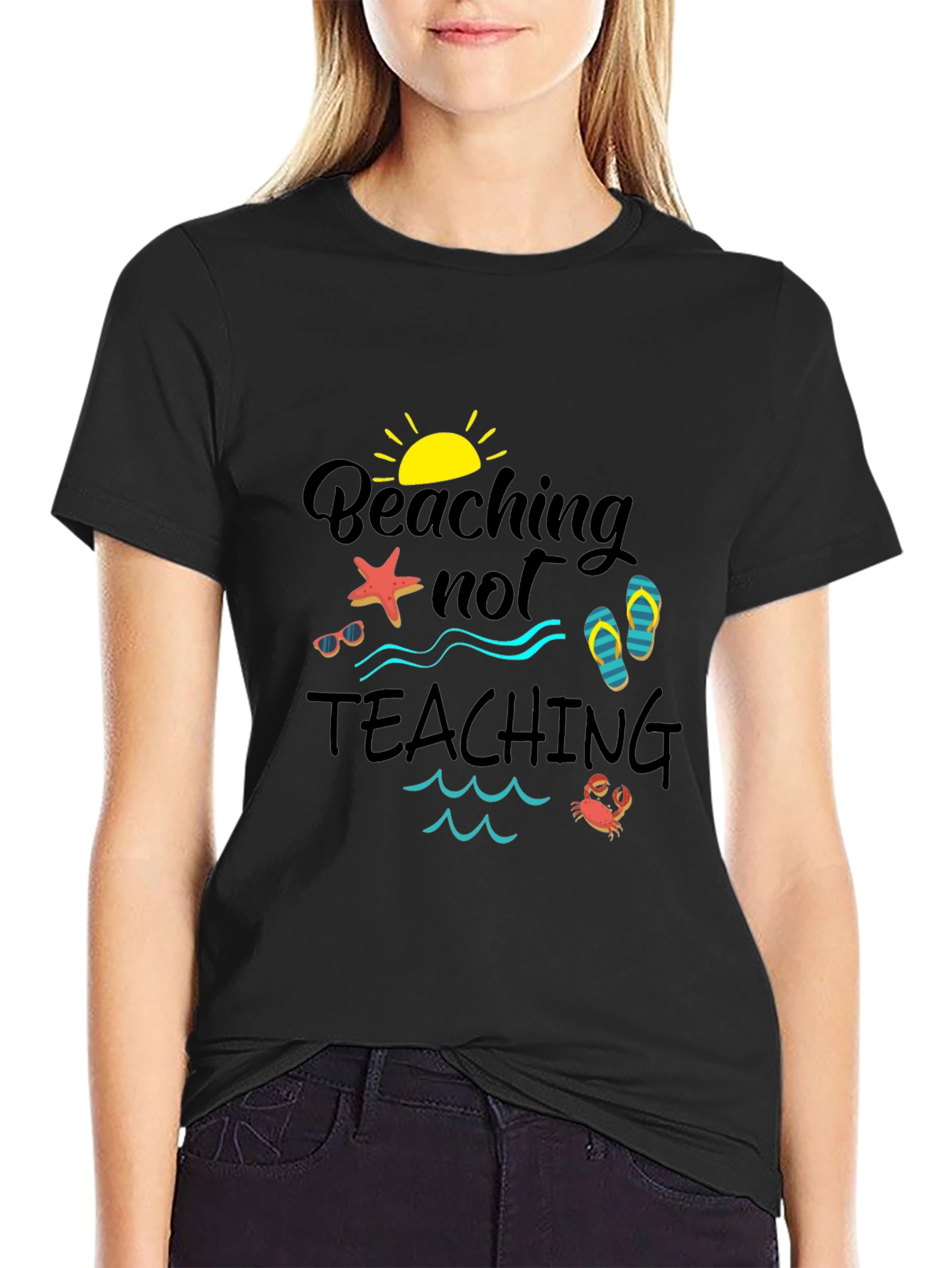 Beaching Not Teaching Black Graphic Tee
