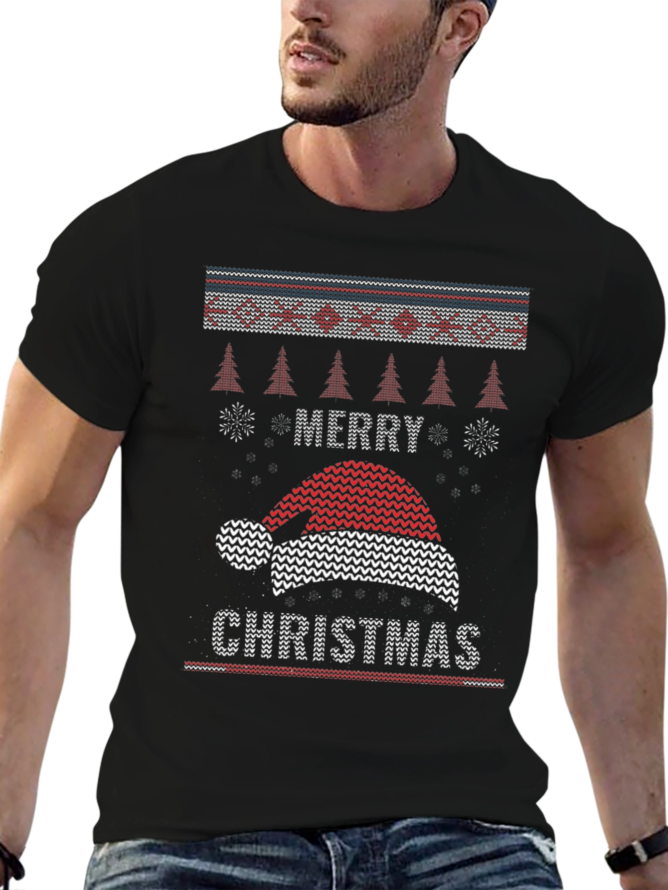 Merry Christmas Santa Hat Knit Style T-Shirt