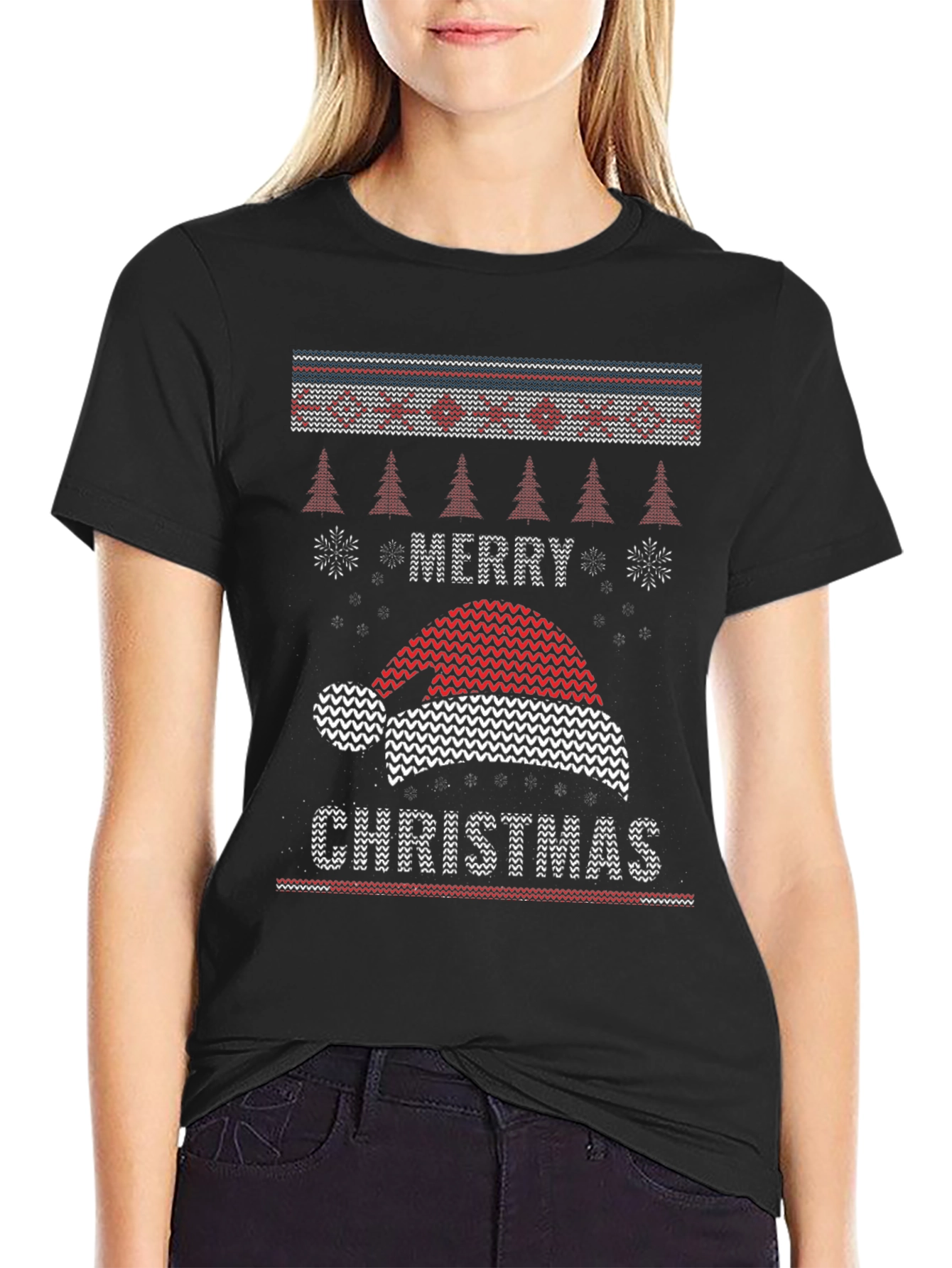 Merry Christmas Santa Hat Knit Style T-Shirt